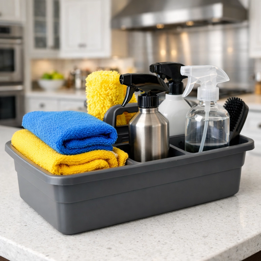 Professional house cleaning supplies in a caddy on a clean Shrewsbury kitchen counter.