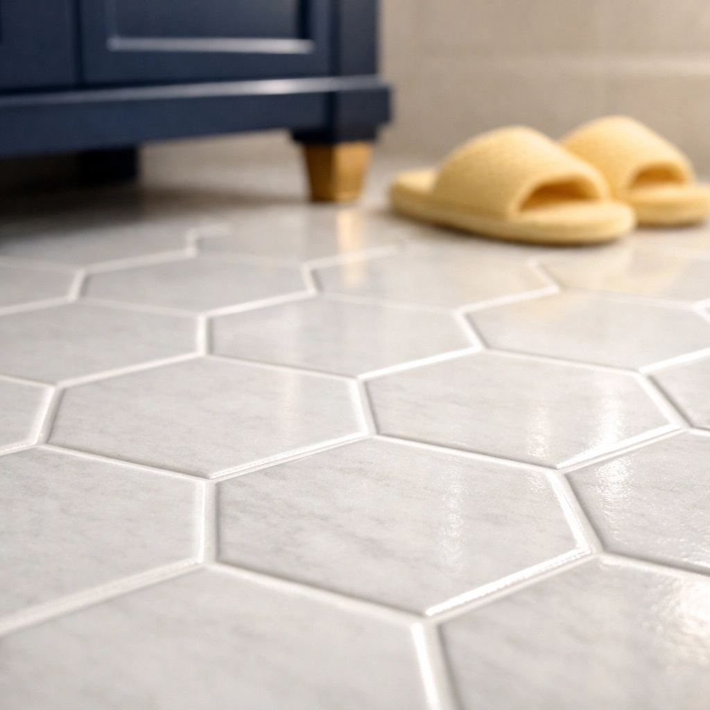 Sanitized hexagonal bathroom floor tiles with deep-cleaned grout for a fresh Worcester home.
