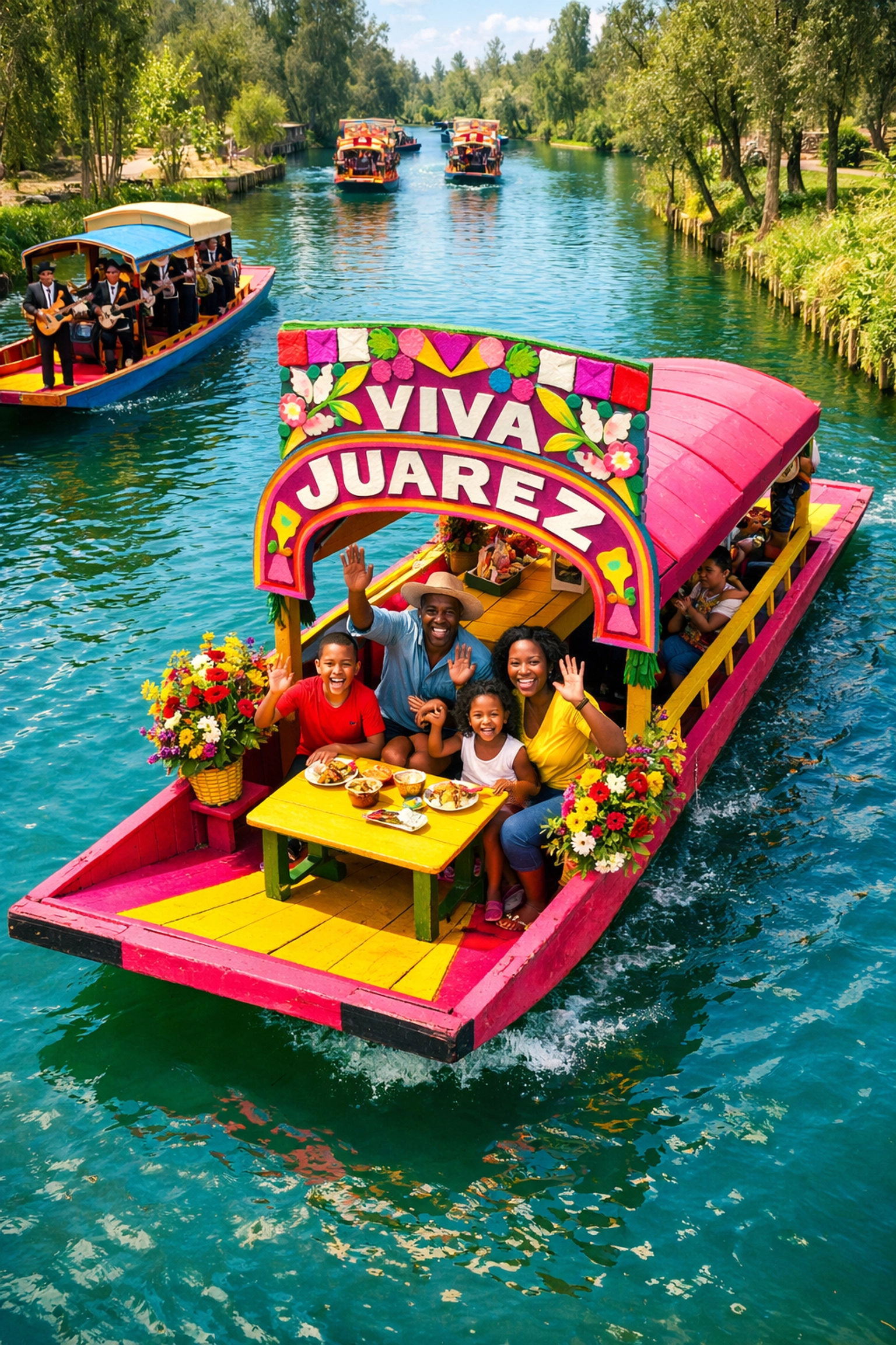Family enjoying colorful trajinera boat ride through Xochimilco canals in Mexico City