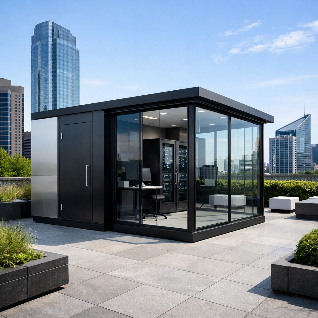 A modern modular tech pod on a city rooftop representing new digital economy infrastructure.