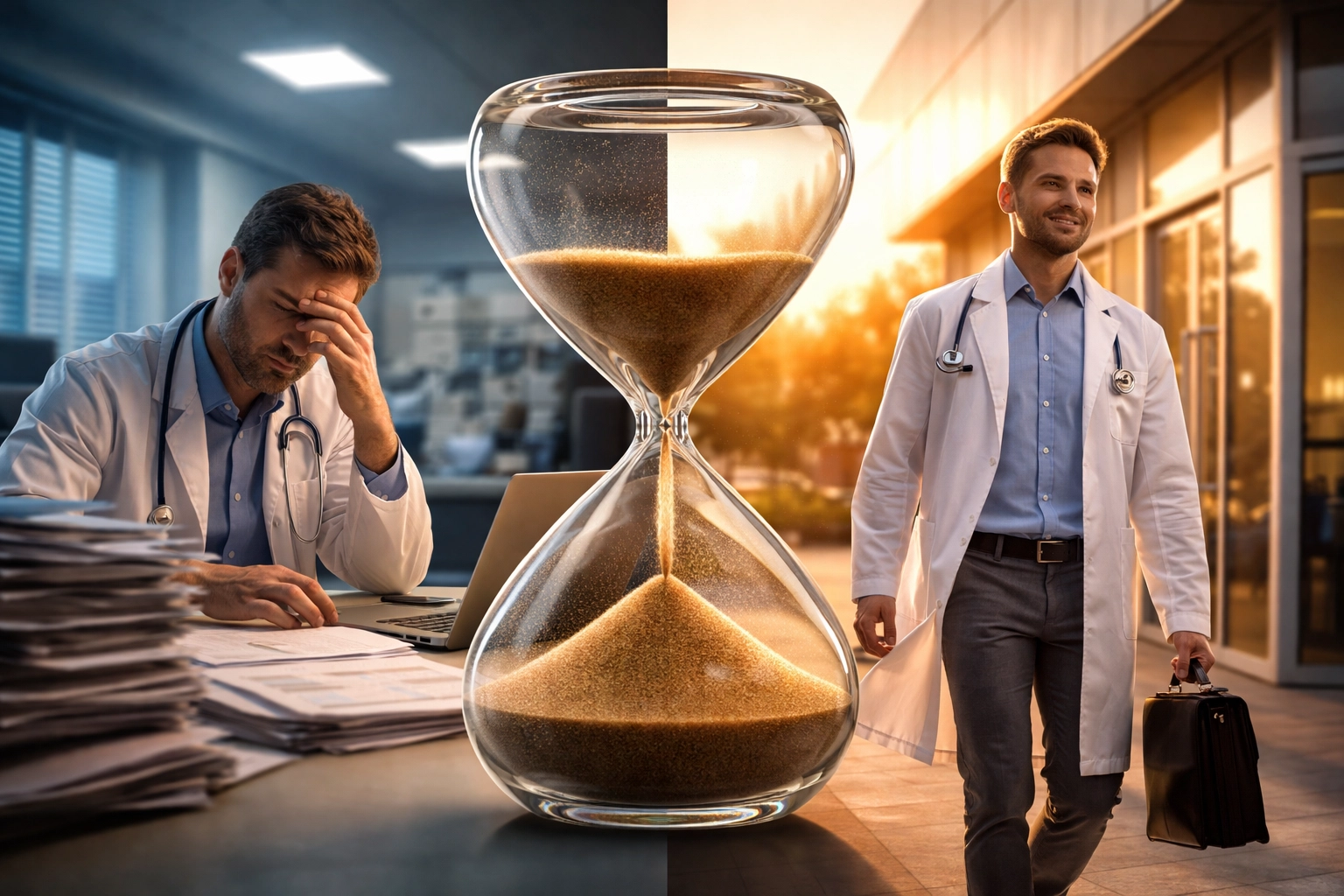 Hourglass symbolizing clinician time savings when switching from human scribes to AI documentation