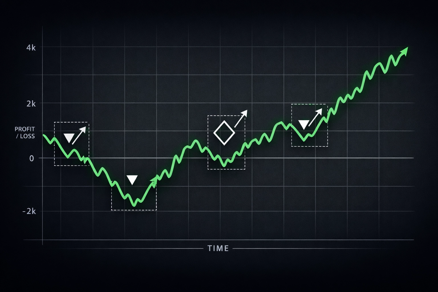 Backtesting graph showing betting strategy performance with losing streaks and recovery periods