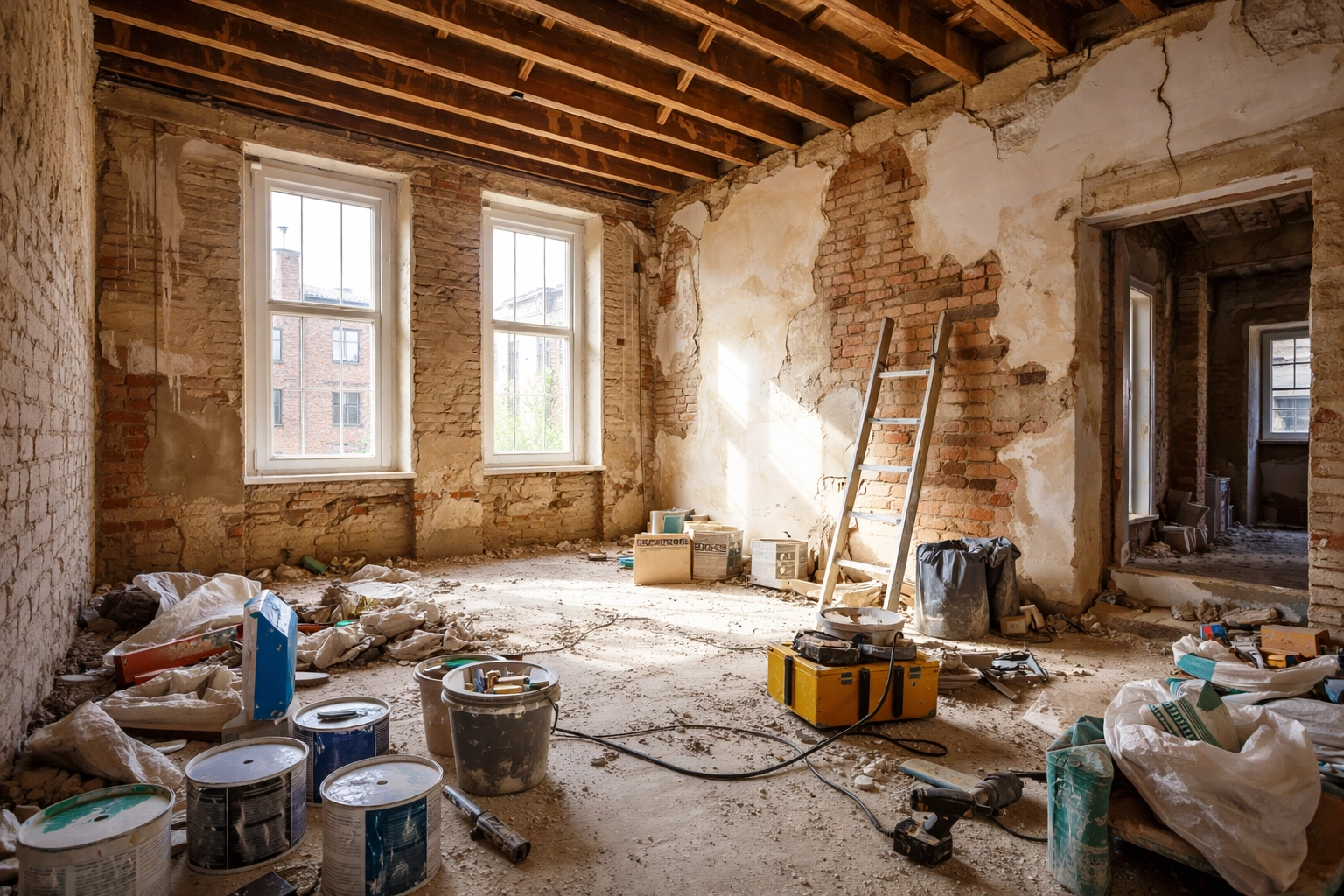 Oldham property interior mid-renovation with exposed beams and paint cans, showing bridging loan renovation potential.