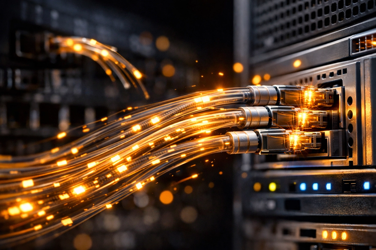 Glowing fiber-optic cables migrating digital assets from global servers to a local sovereign cloud host.