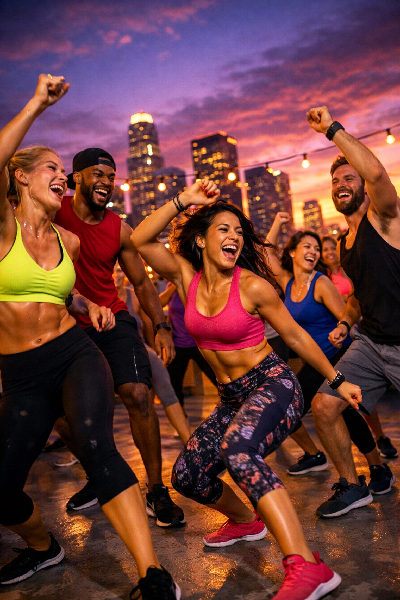 A group of people dancing at an energetic rooftop Zumba class in Houston during a vibrant sunset.