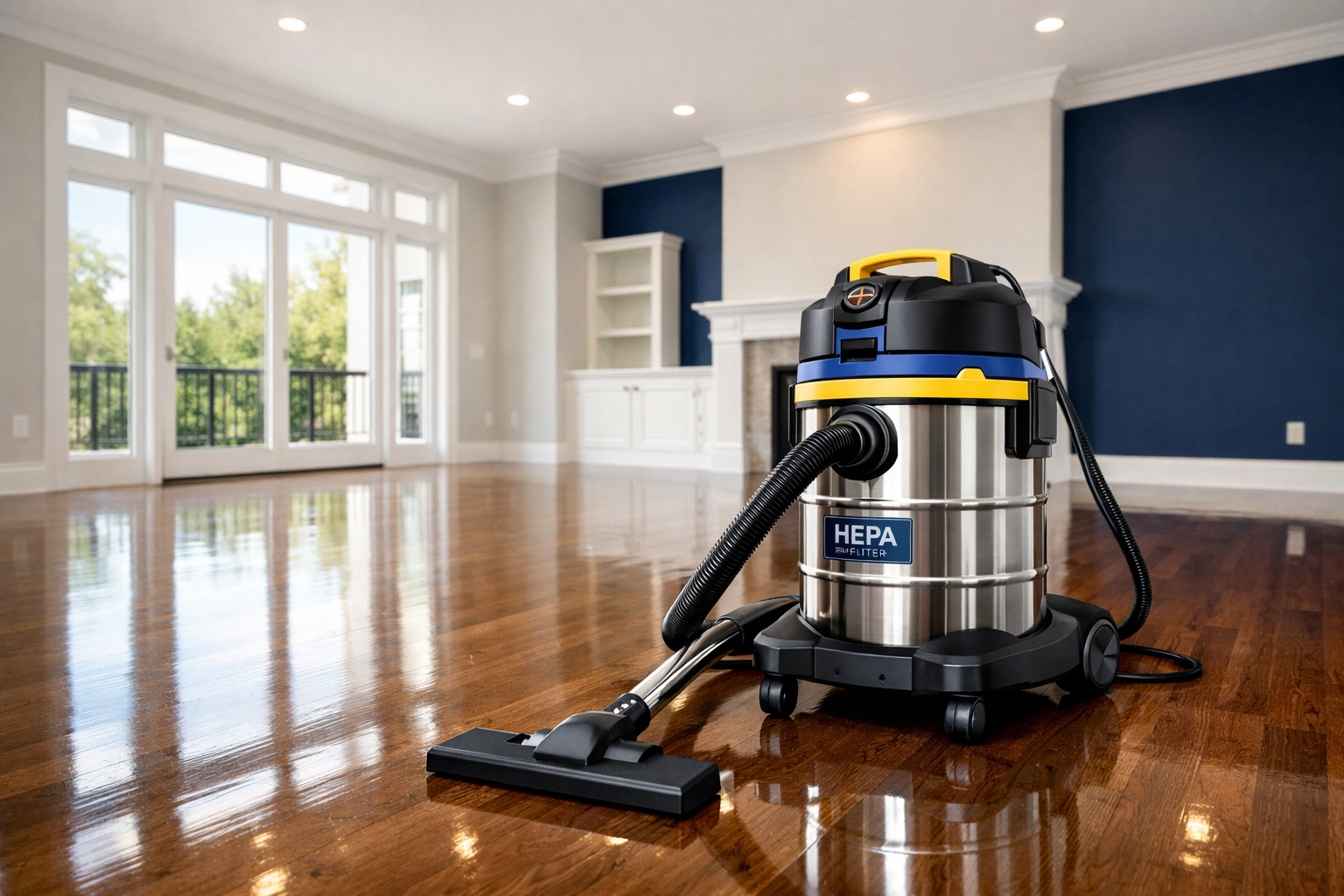Professional HEPA vacuum on polished hardwood floors during a post construction cleaning Milford project.