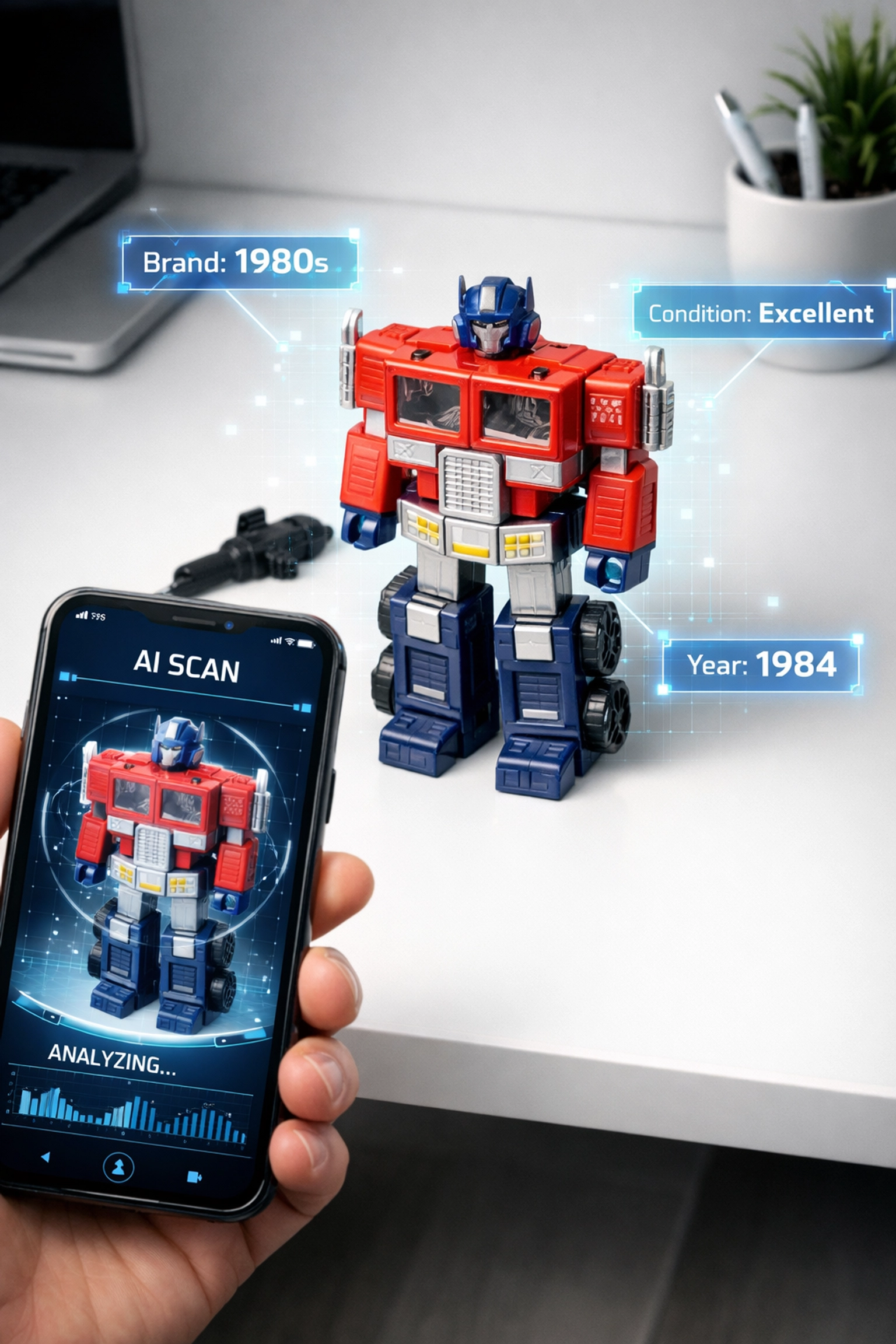 A smartphone using AI tools for resellers to scan a vintage toy for eBay listing data.