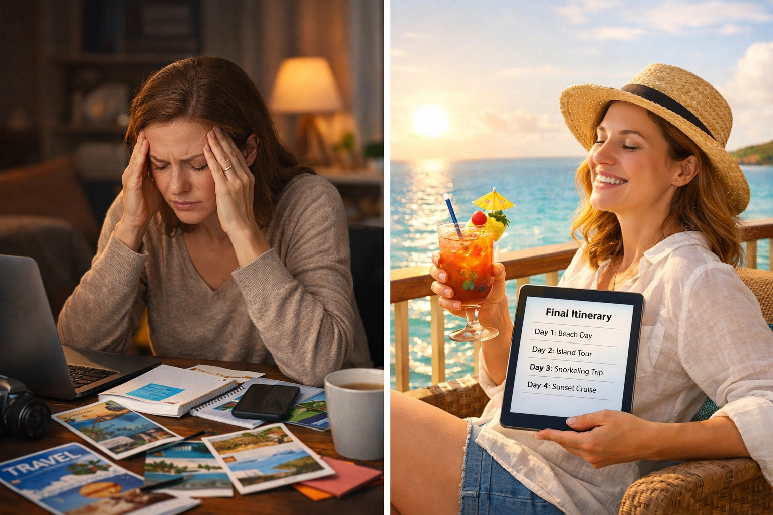 Stressed DIY planner vs relaxed traveler using personal travel planner services