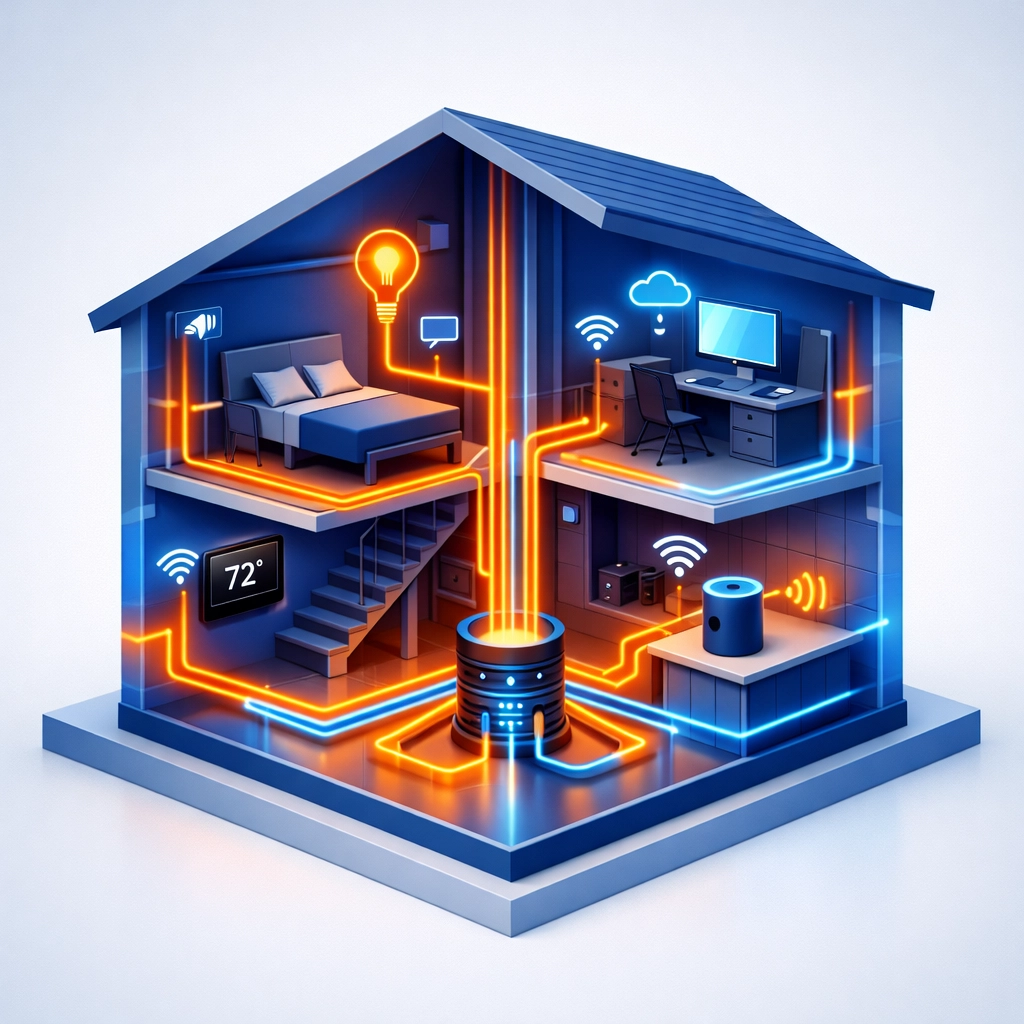Isometric diagram of smart wiring and data infrastructure inside a future-proof Surrey home.