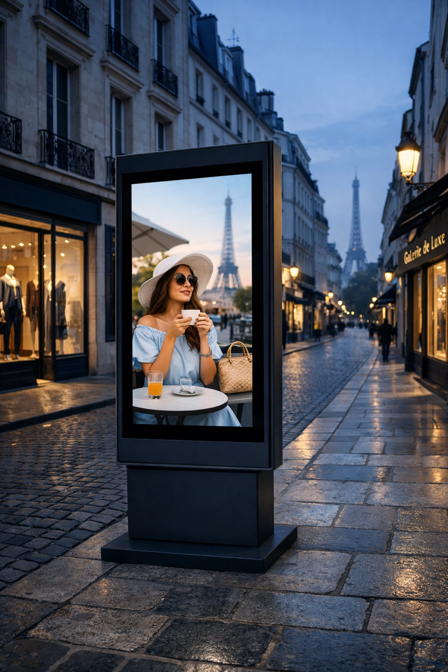 Hyper-local DOOH digital advertising kiosk on a cobblestone street in Paris at twilight.