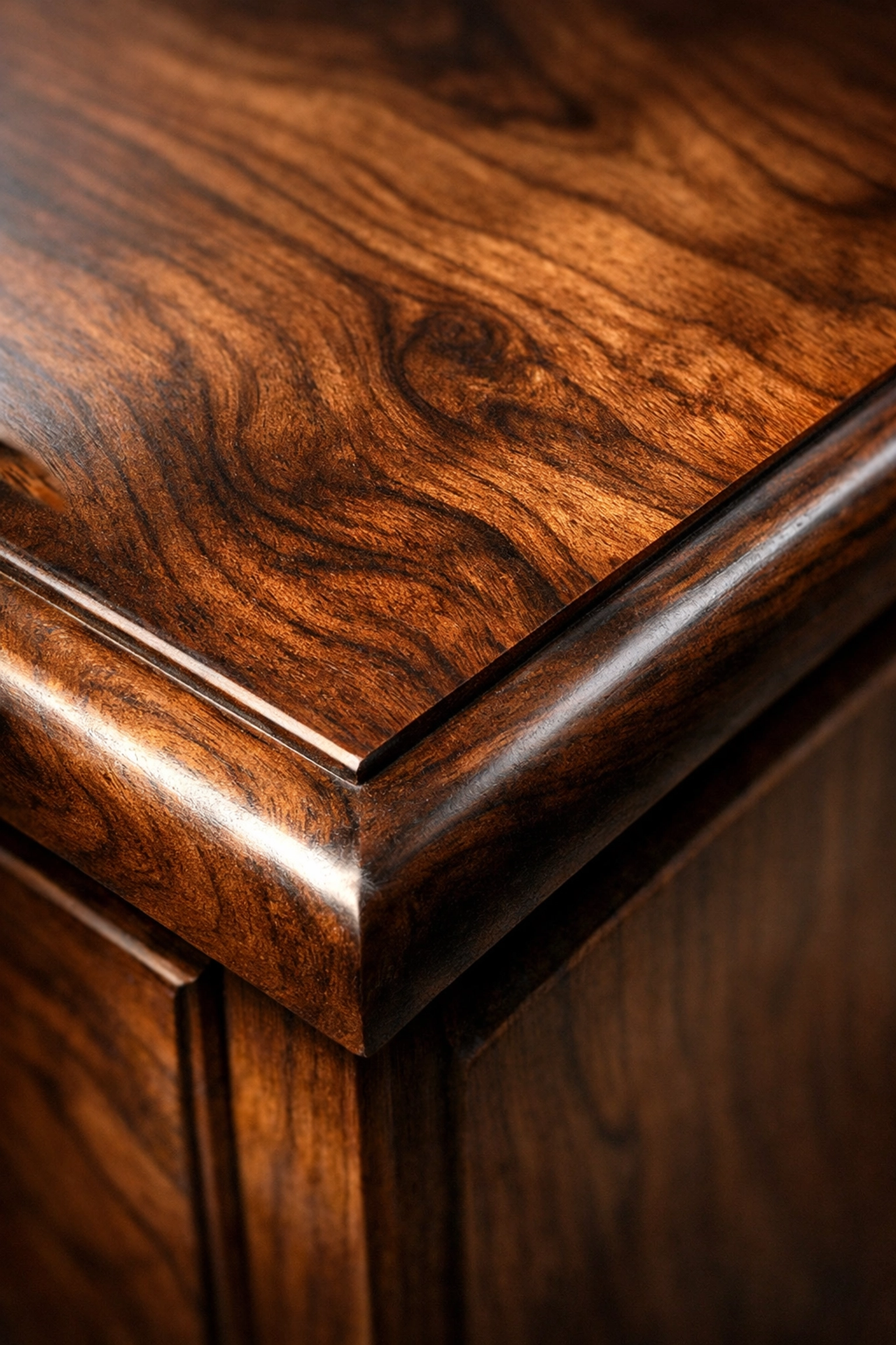 Durable walnut wood finish on premium custom cabinetry for long-lasting home value.