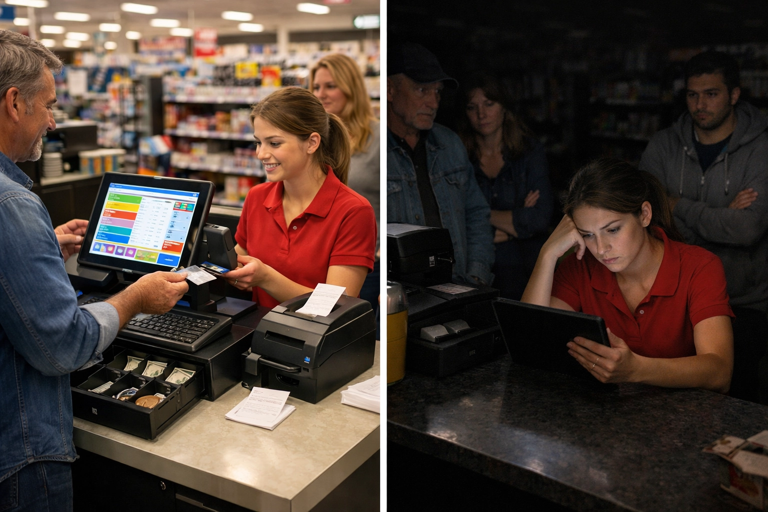 Hardware POS terminal functioning during power outage vs cloud POS system offline in retail store