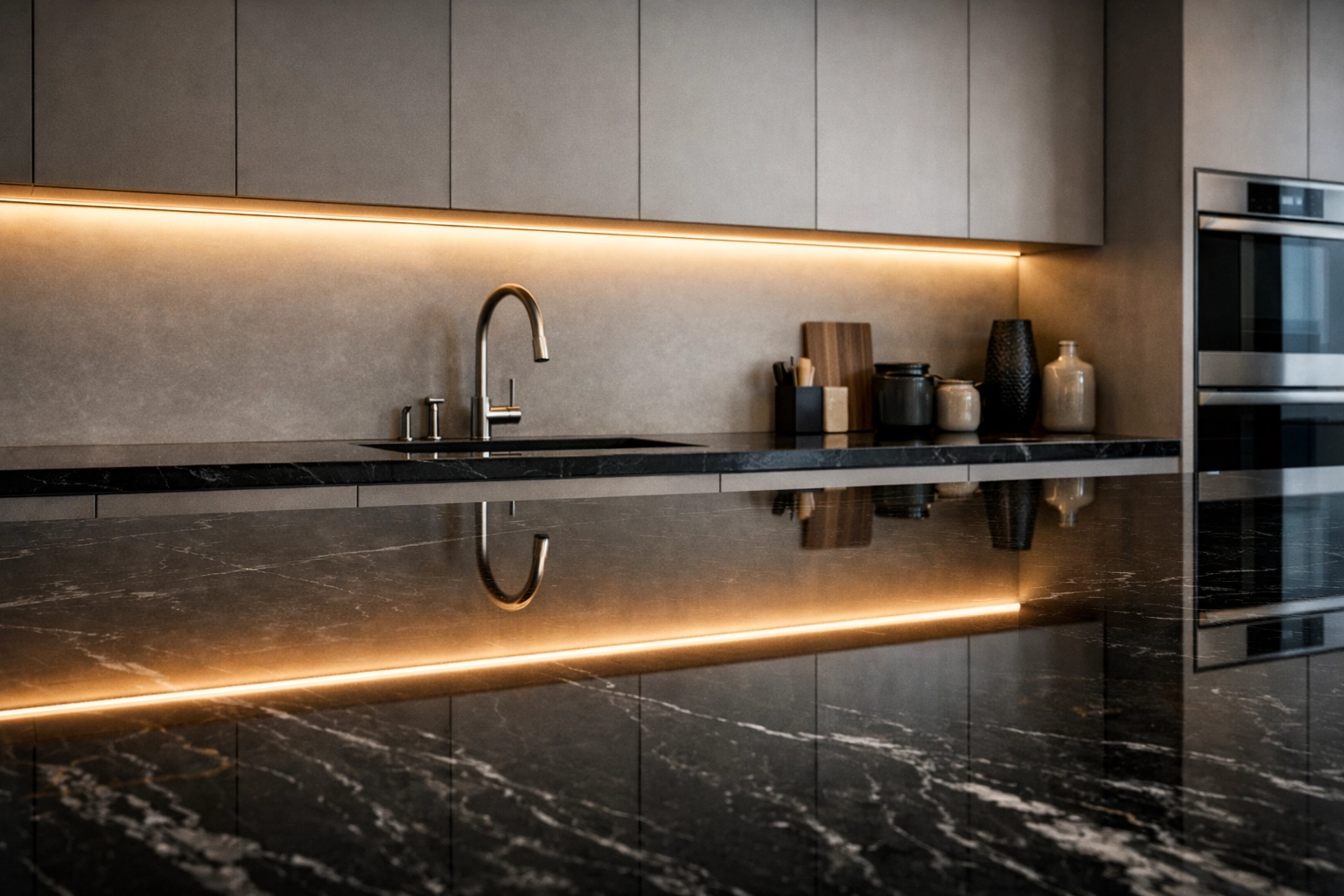 Seamless warm LED light reflection on a polished marble kitchen countertop using a high-quality led diffuser channel.