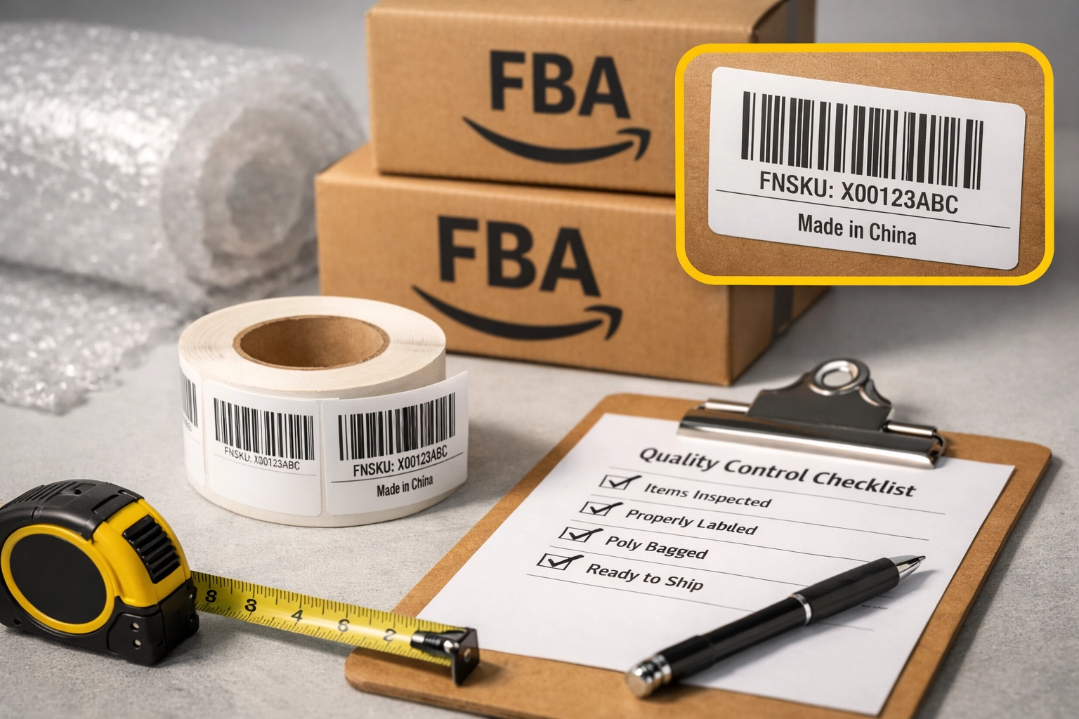 Amazon FBA prep service materials including shipping boxes, labels, and quality control checklist