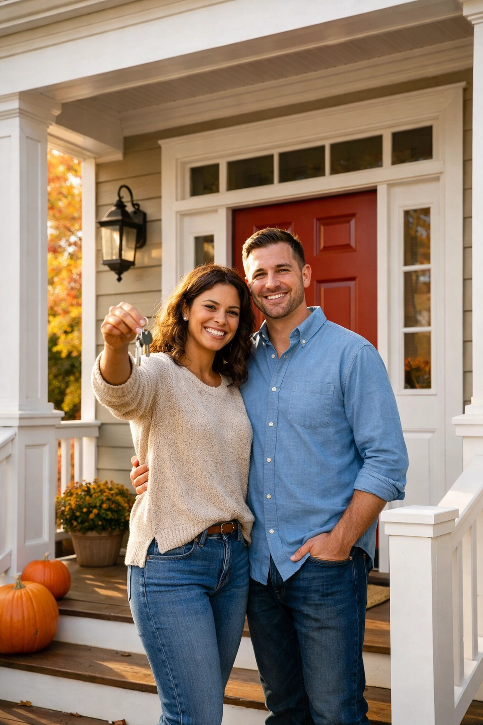 Happy homebuyers holding keys in front of Connecticut home after successful 2026 purchase