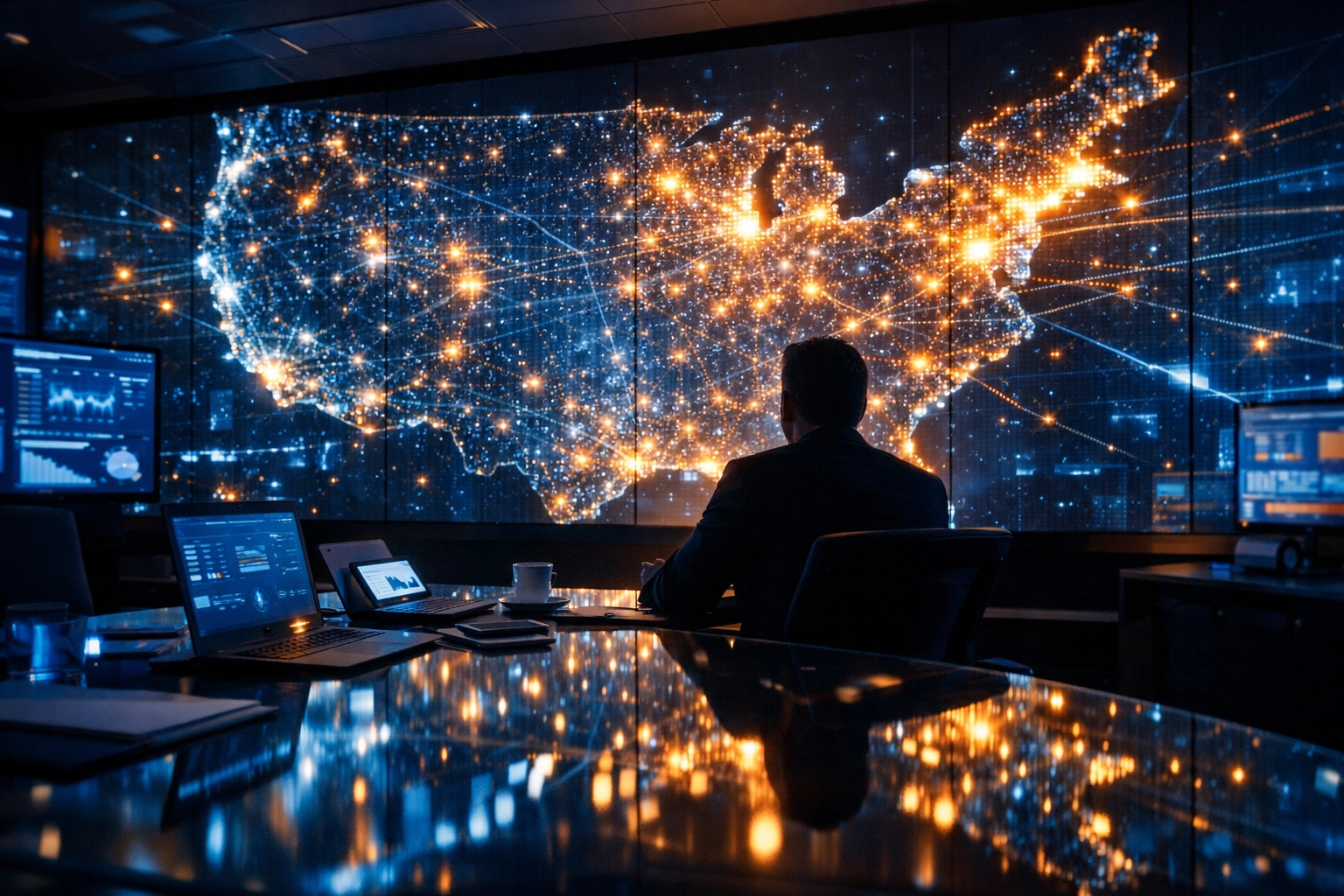 A high-tech digital marketing hub showing a national network map of NIL athletes across the United States.