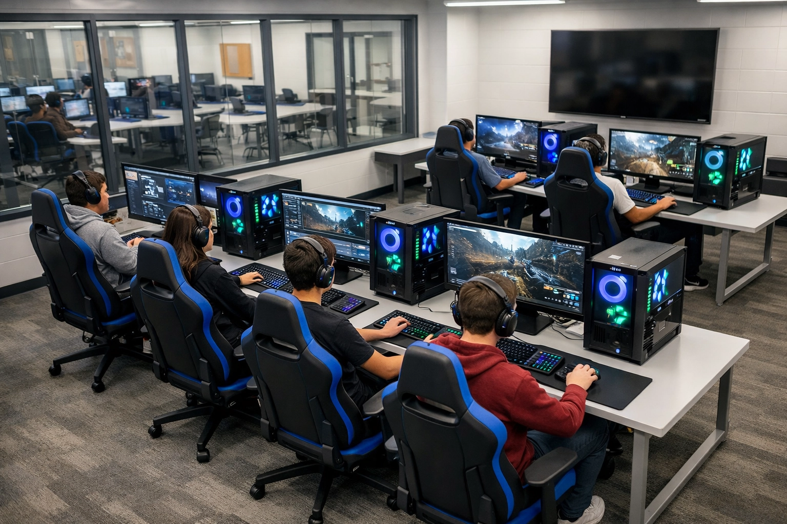 High school students using professional workstations in a modern esports lab for digital media education.