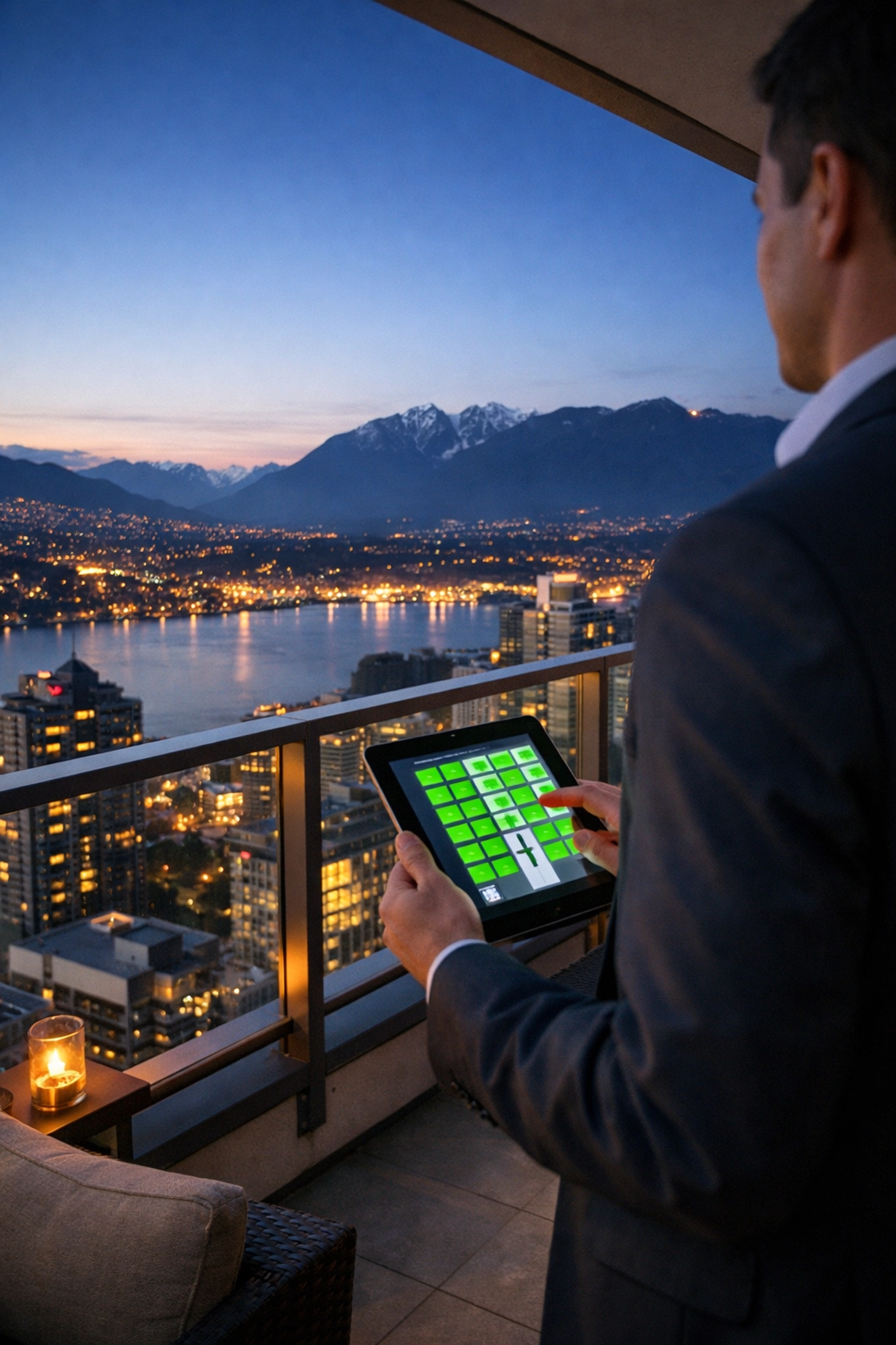 Vancouver property manager using a tablet for remote monitoring of building water leak detection systems.