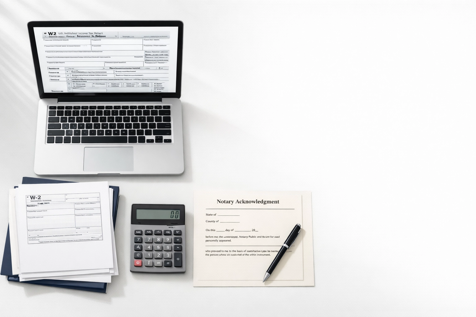 Tax documents and W-2 forms on desk with calculator and notary certificate for tax preparation