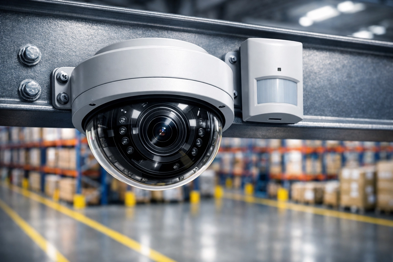 High-definition security camera surveillance in a warehouse to ensure safe and secure SKU management.