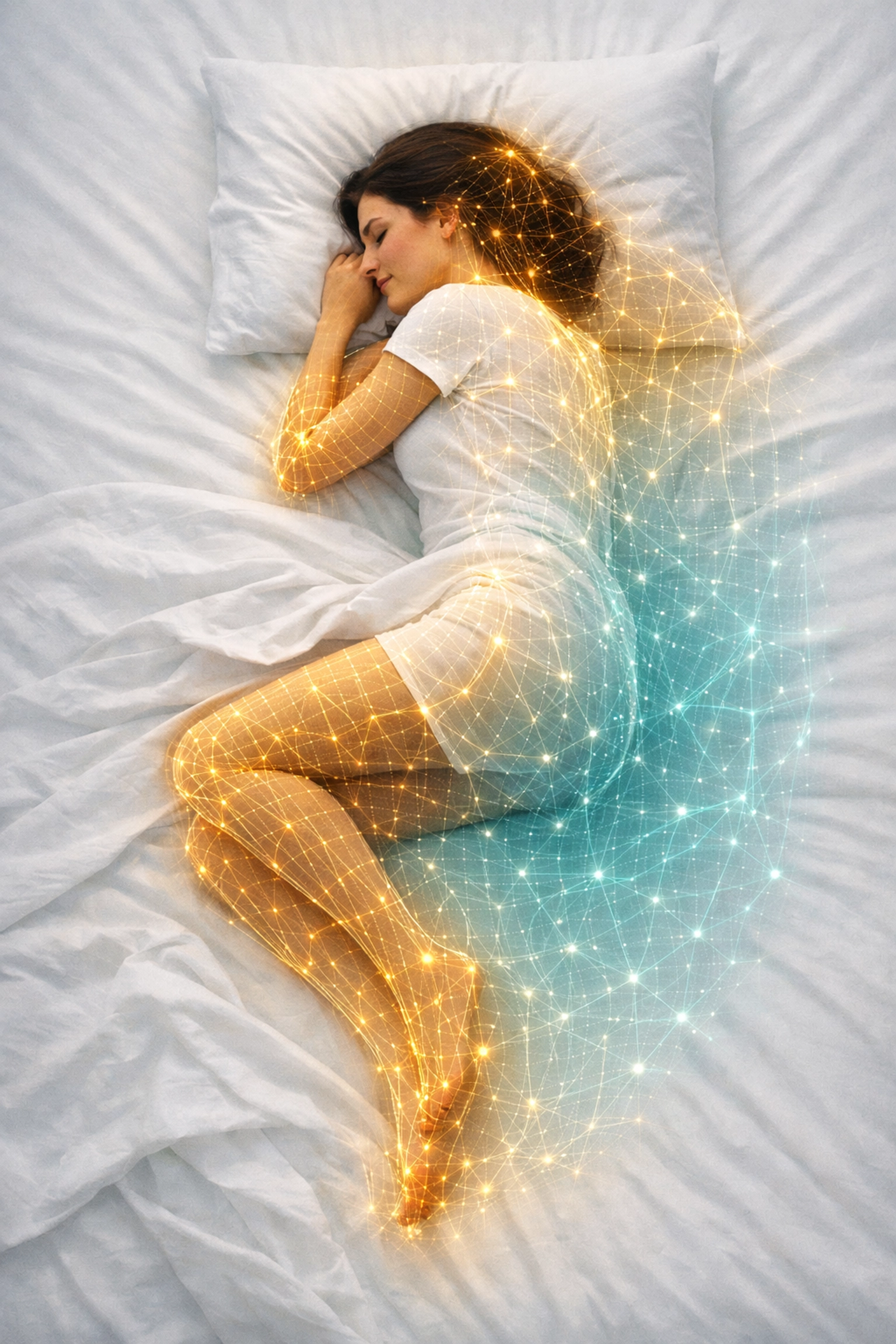 Digital biometric monitoring overlay on a smart bed optimizing sleep stages through AI.