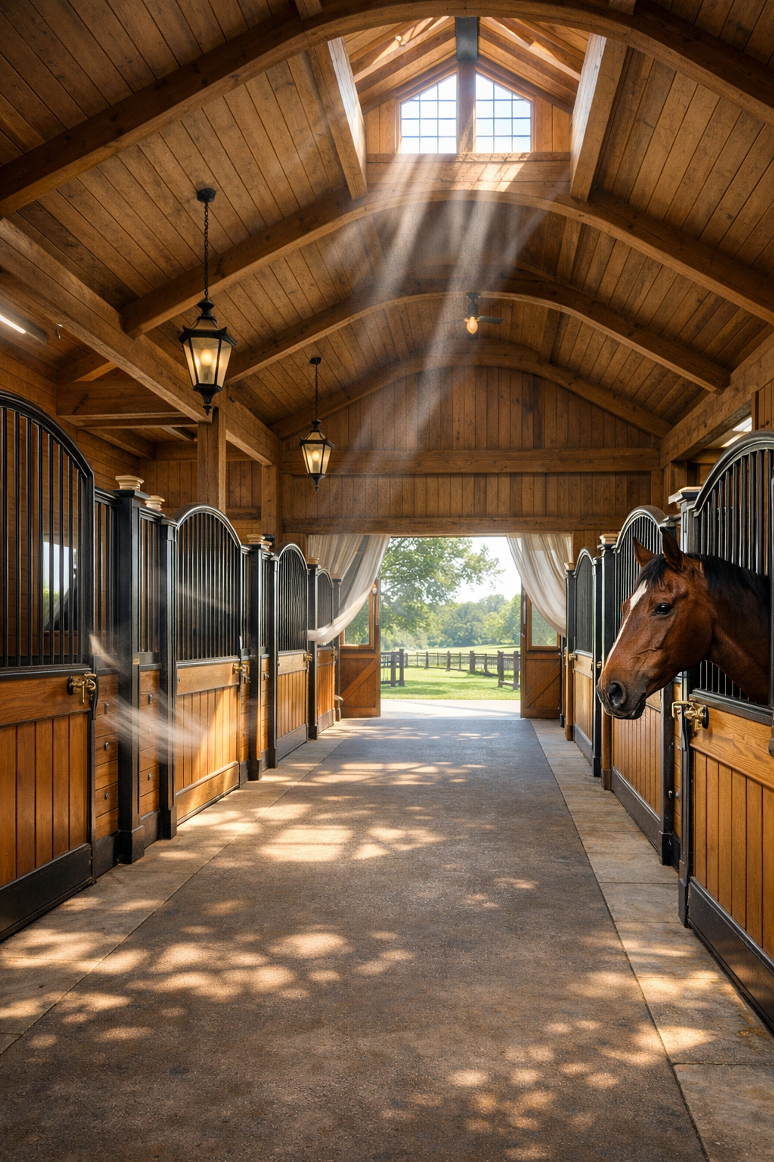 High-end stable interior with spacious aisles and natural ventilation through Dutch doors
