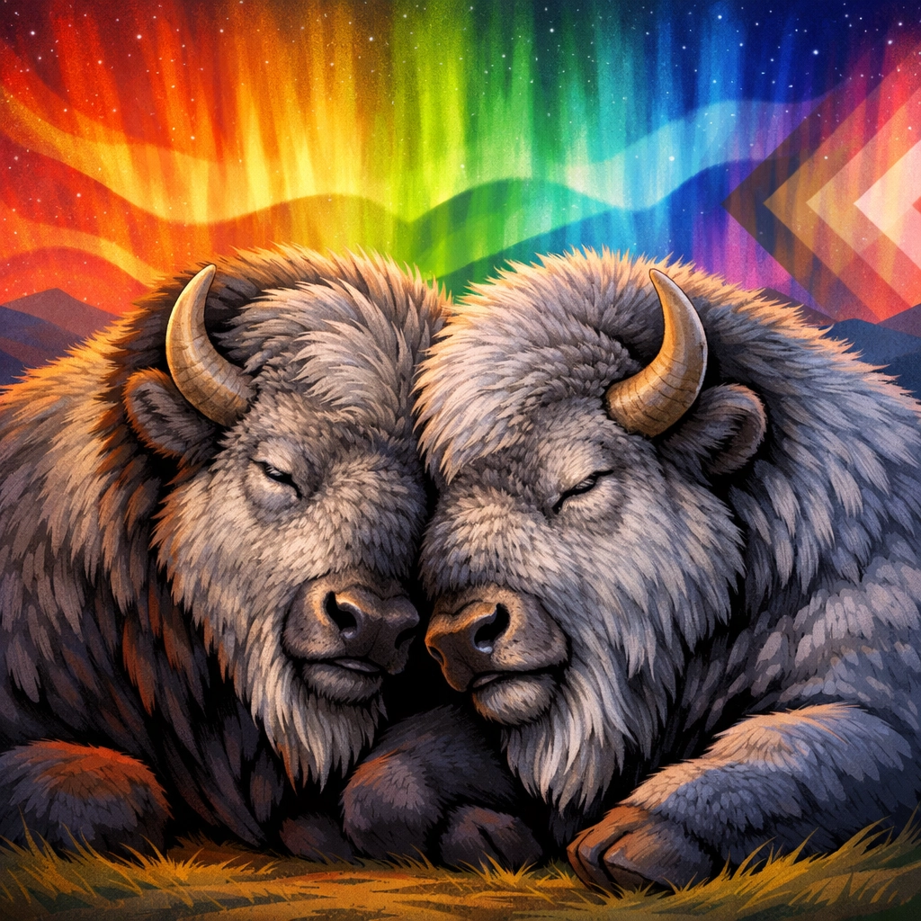 Two older male bison resting side-by-side under a vibrant sky, celebrating natural male bonds and connection.
