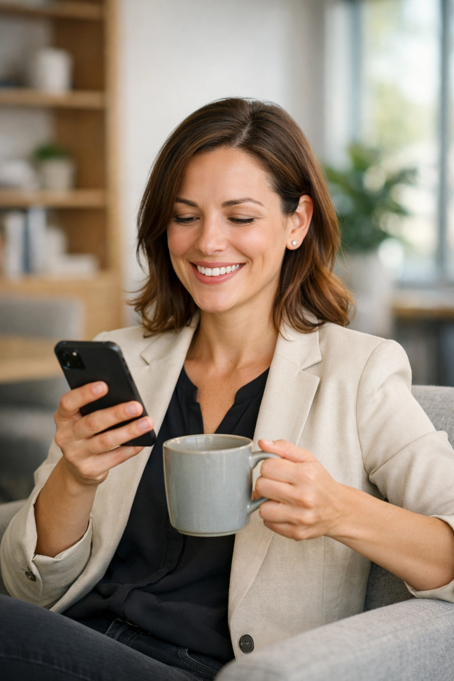 A woman using her smartphone to access ServiceNow Xanadu updates via Workplace from Meta in a modern office.