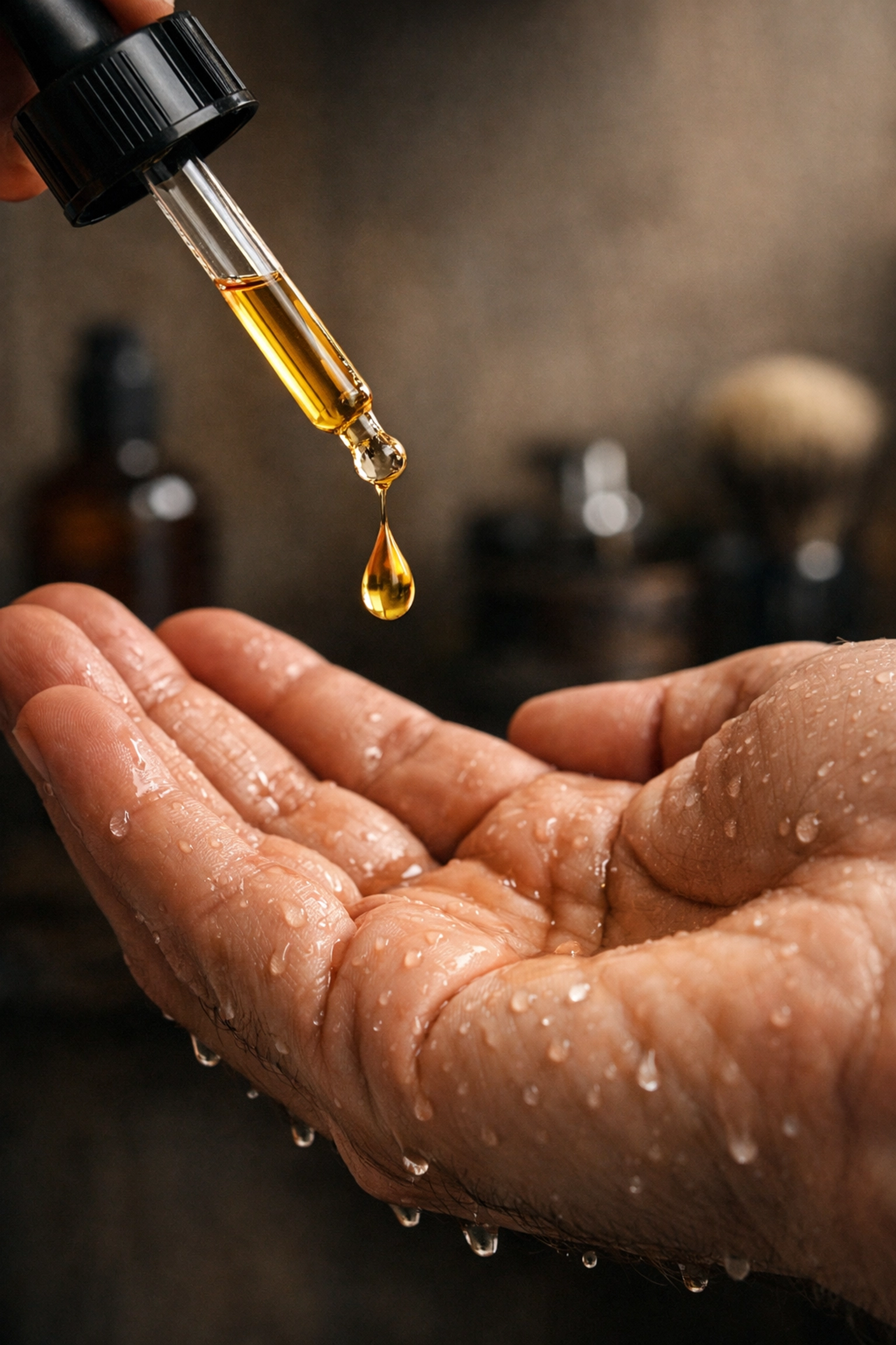 A single golden drop of parfum extrait beard oil being applied for long-lasting fragrance.