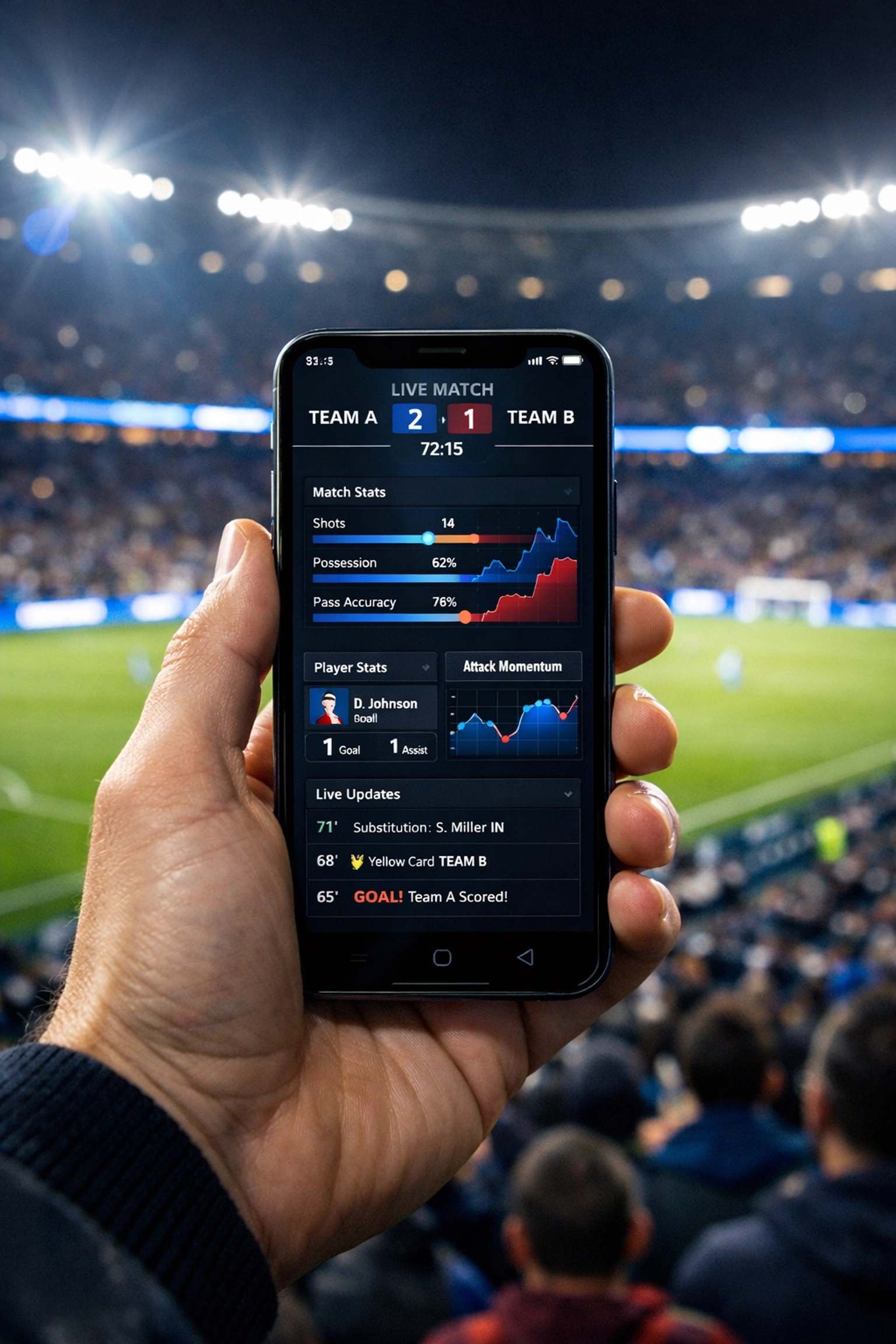 Fan using a smartphone app in a stadium with digital perimeter OOH boards in the background.