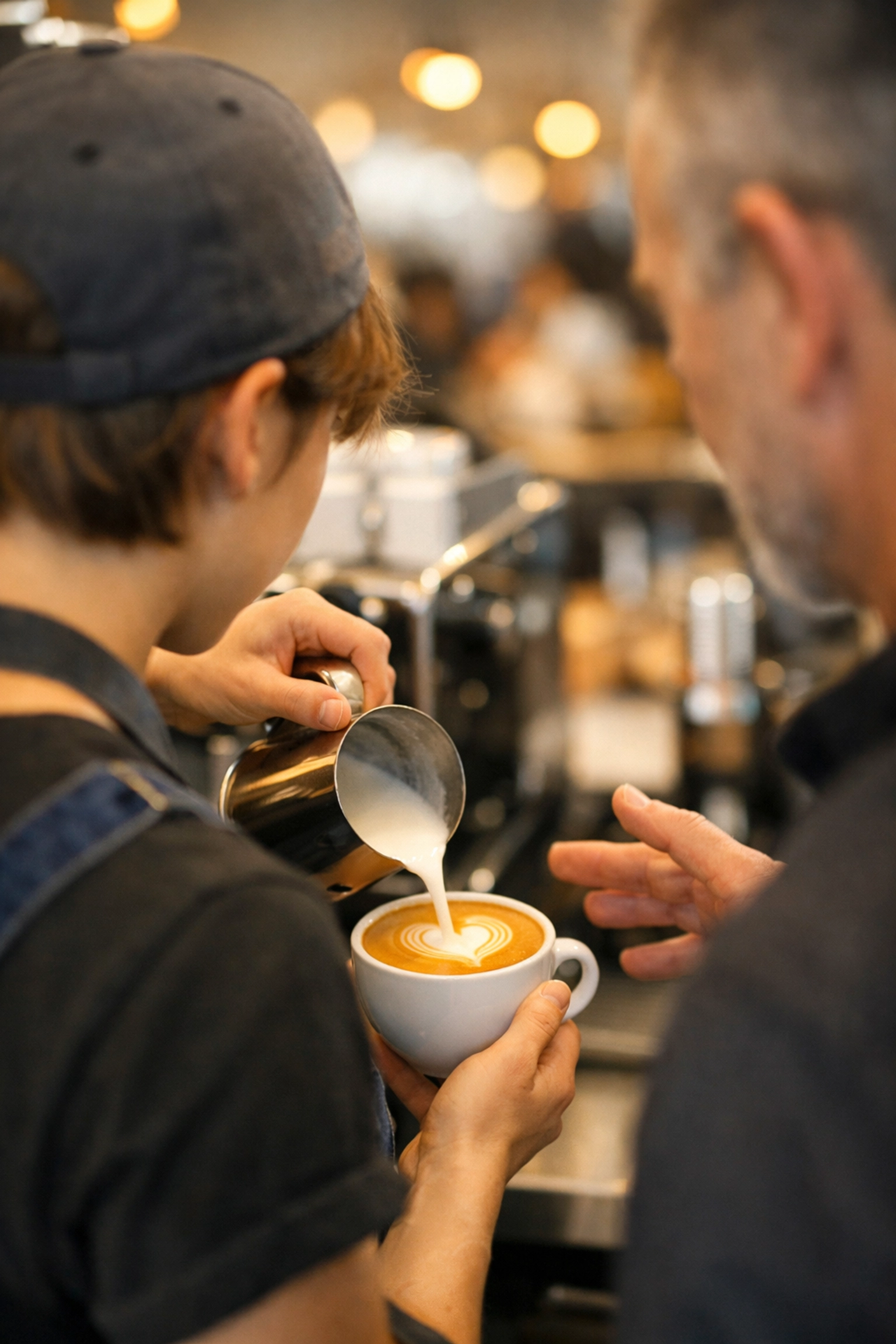 Barista training session pouring latte art, part of a wholesale specialty coffee support system.