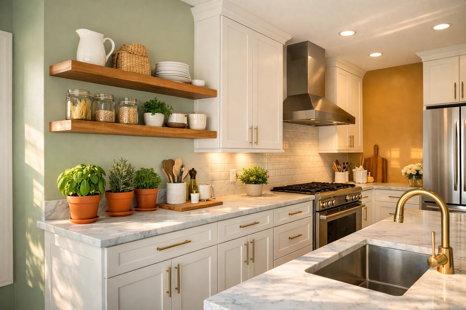 Orlando kitchen interior painting with sage green and ochre accent walls