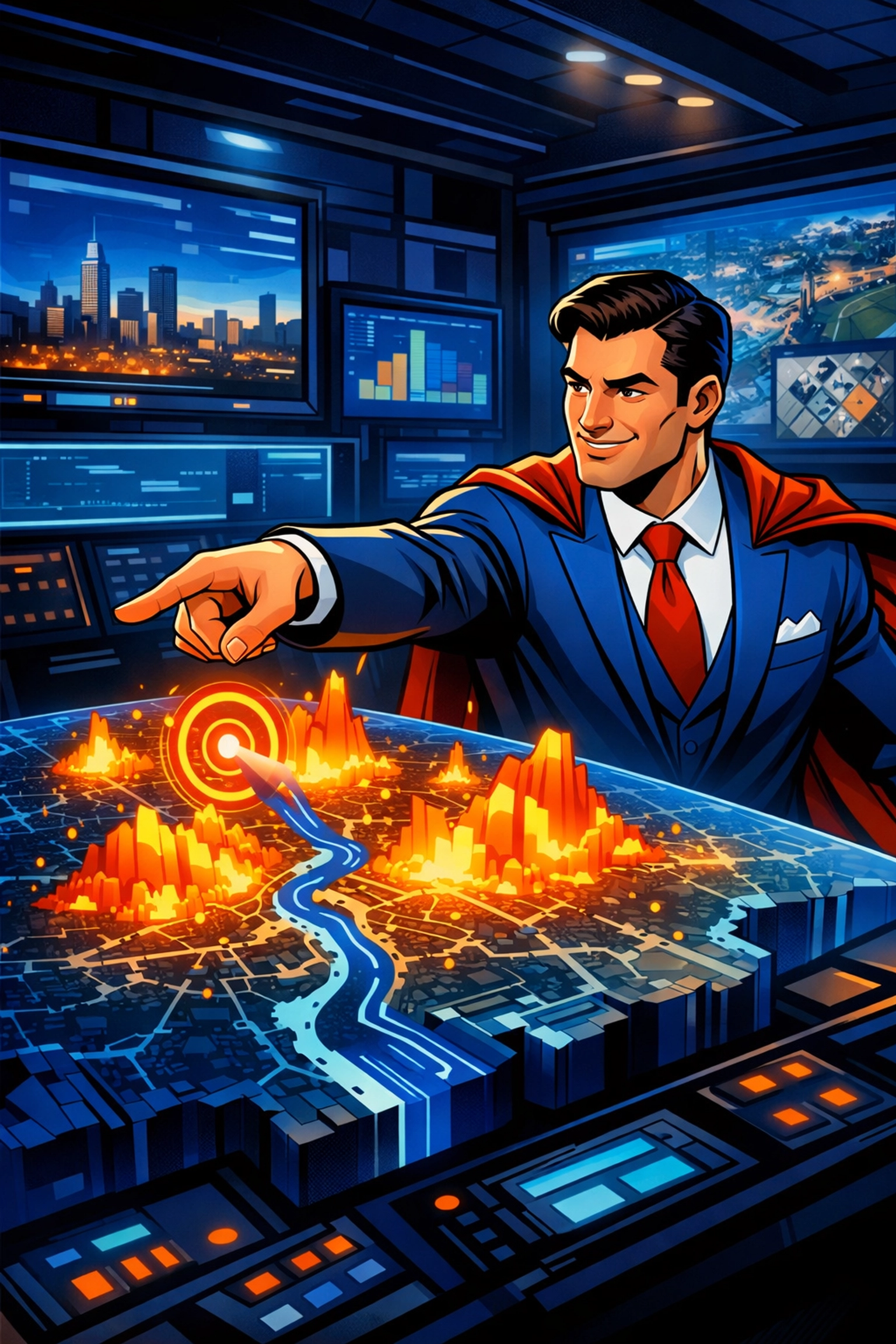 Strategic Hartford real estate agent superhero tracking hot market trends on a Hartford County map.