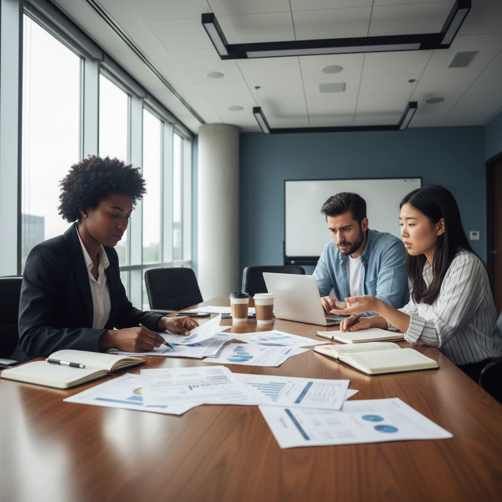 Diverse team of professionals collaborating during a meeting in a modern office.