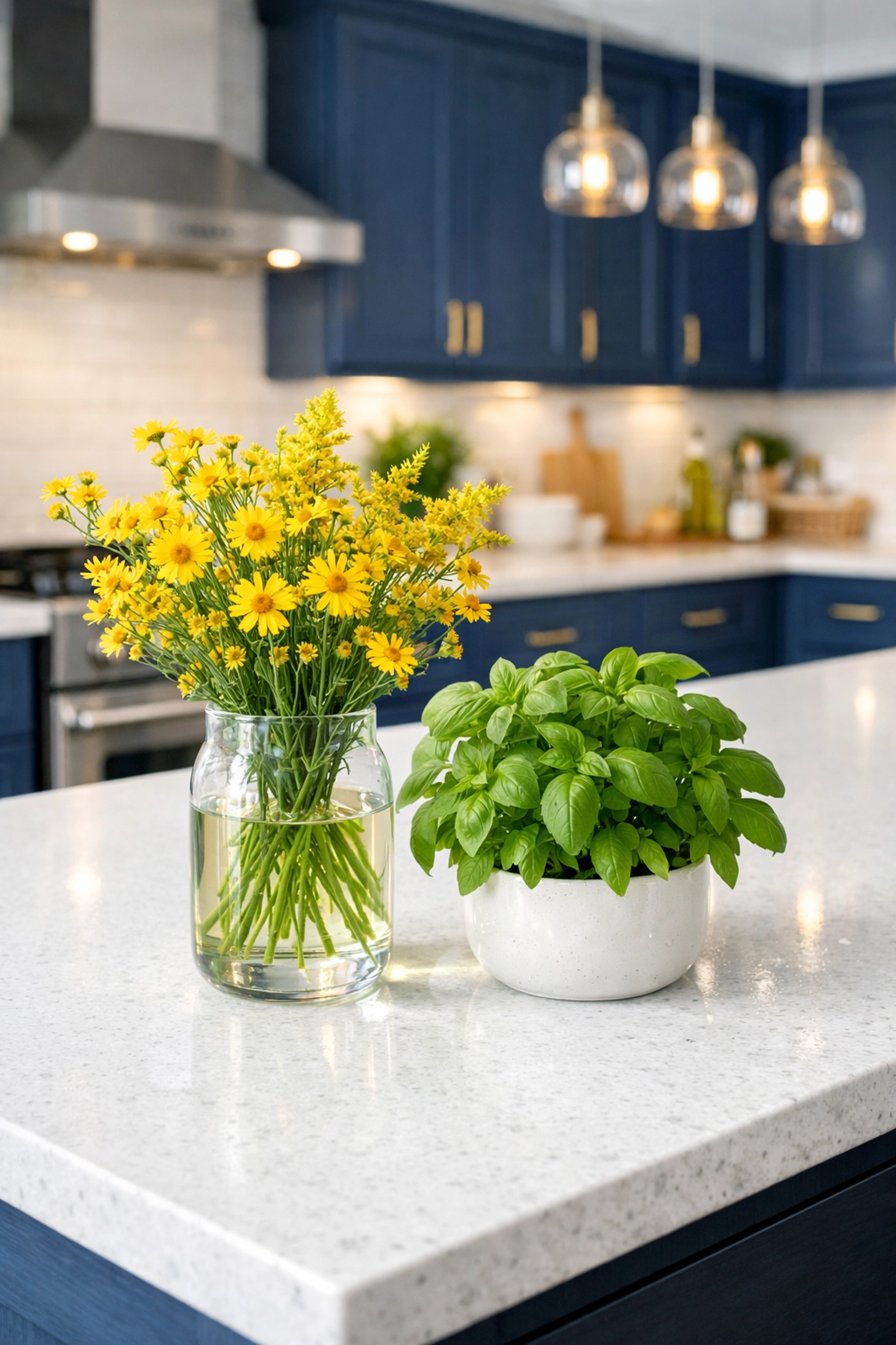 Sanitized Wellfleet kitchen with quartz counters cleaned using eco-friendly products.
