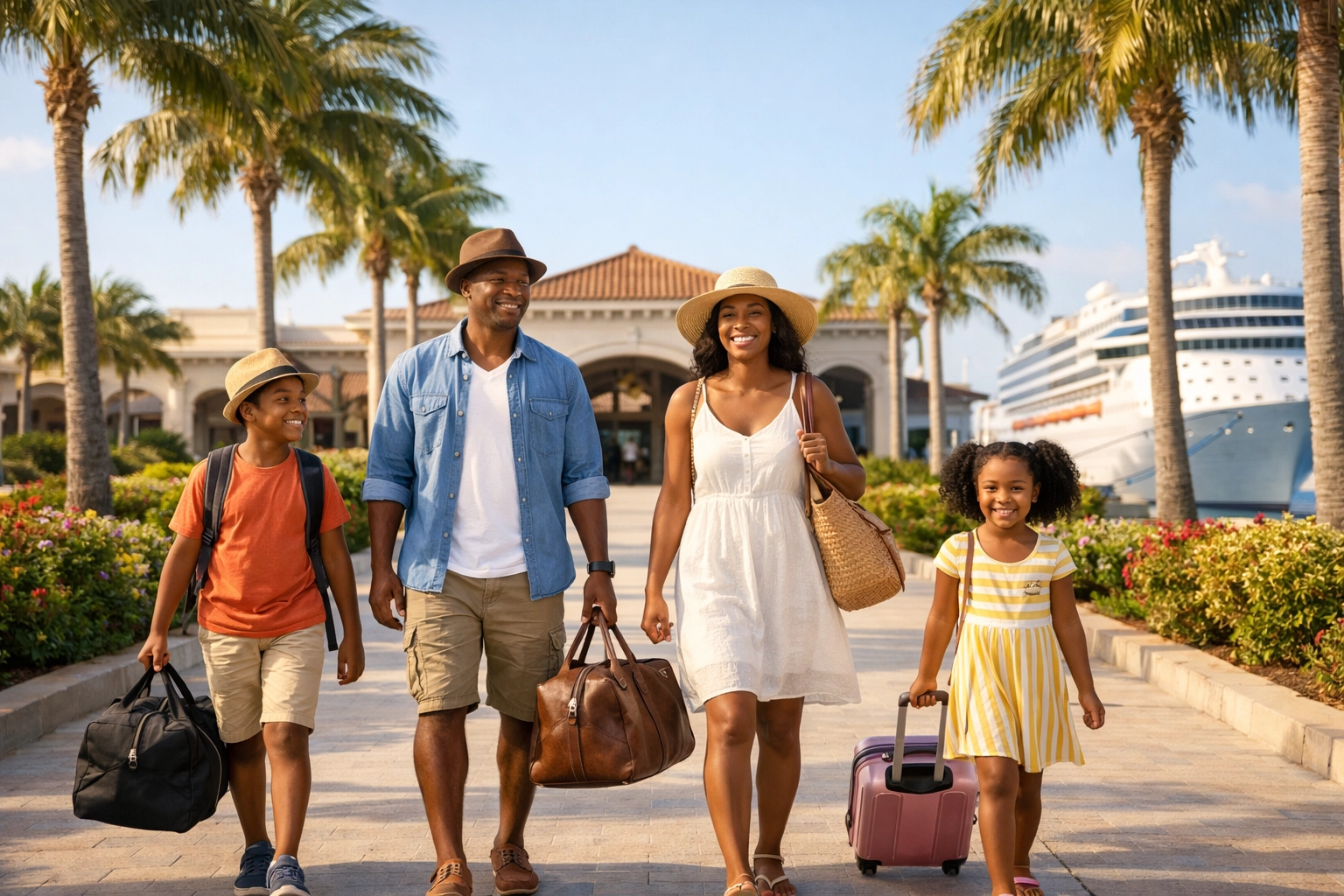 Happy family arriving at a tropical destination for a vacation booked with an Omaha travel agent.