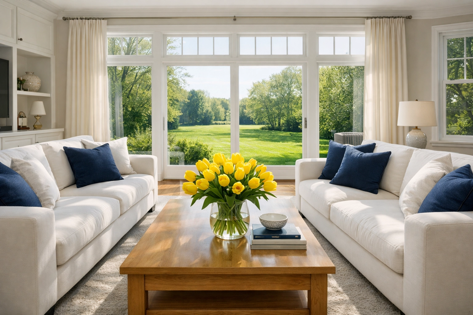 Clean and serene Medfield living room showing the mental health benefits of weekly house cleaning Medfield MA.