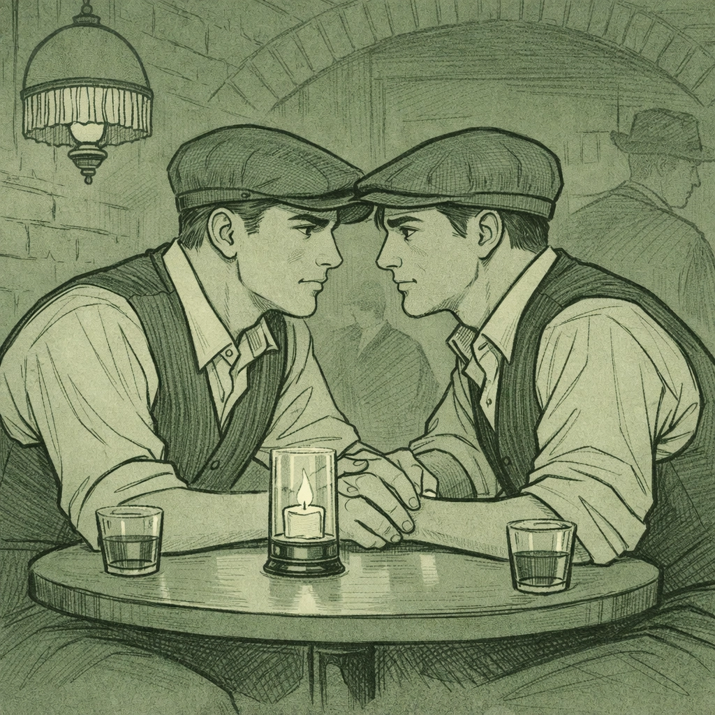Male couple in vintage 1930s attire holding hands in a secret Soho club, representing gay historical romance history.