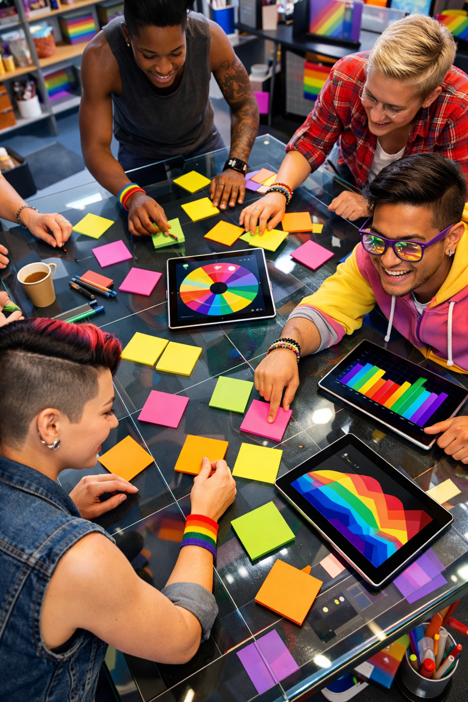 A diverse LGBTQ+ team collaborating on an inclusive education strategy in a creative workshop space.