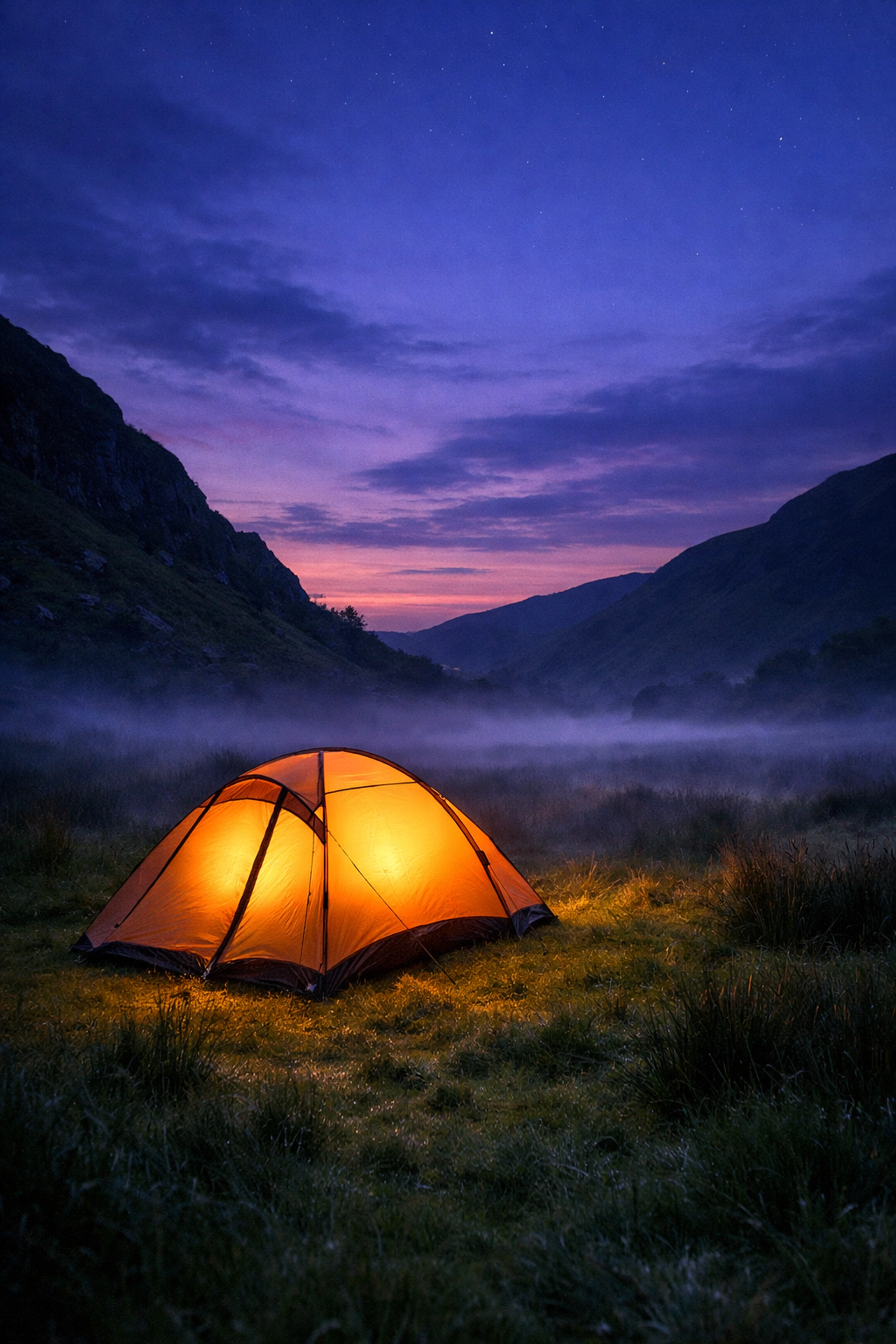 Glowing tent pitched in a misty valley during a wild camping guided UK adventure.