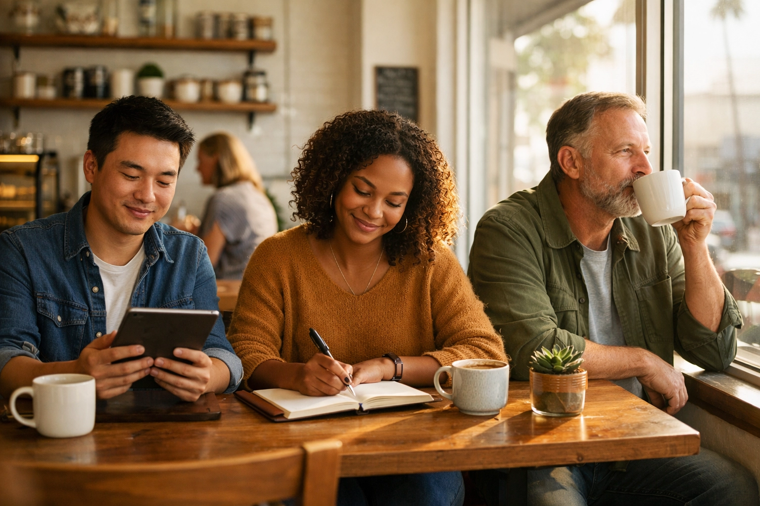 People reading morning news peacefully in coffee shop with calm, focused expressions