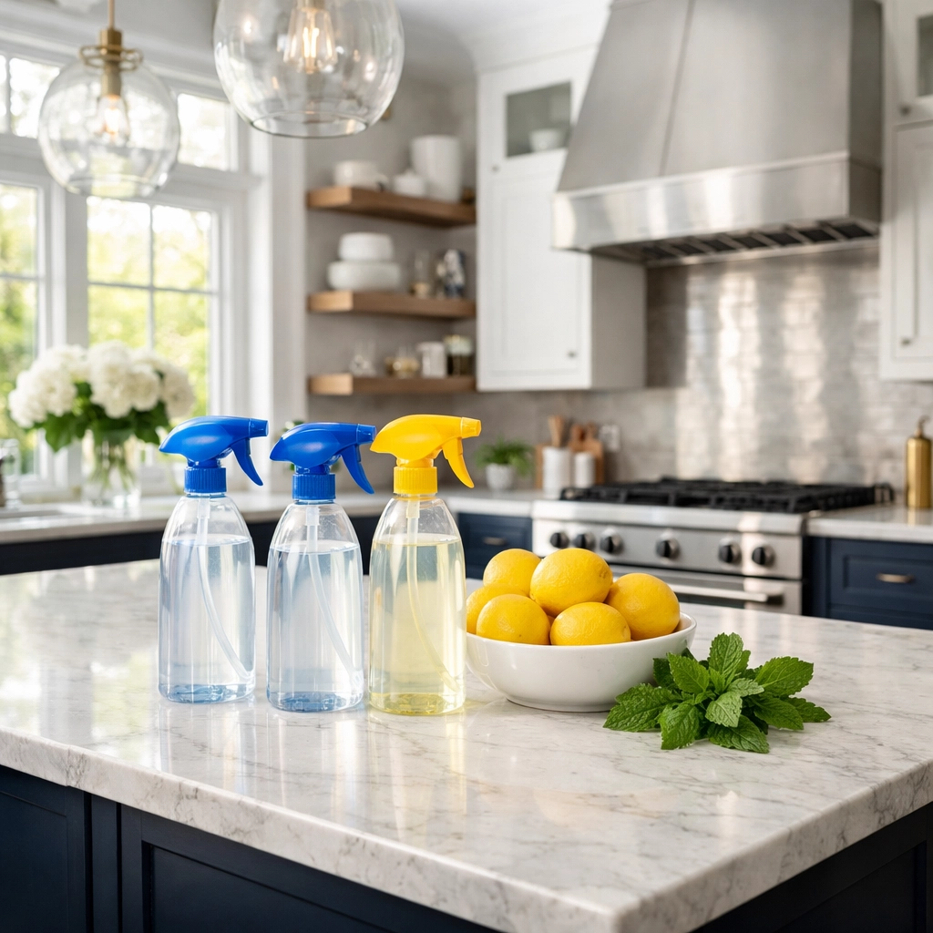 Natural eco-friendly supplies used by top house cleaning services MA in a modern luxury kitchen.