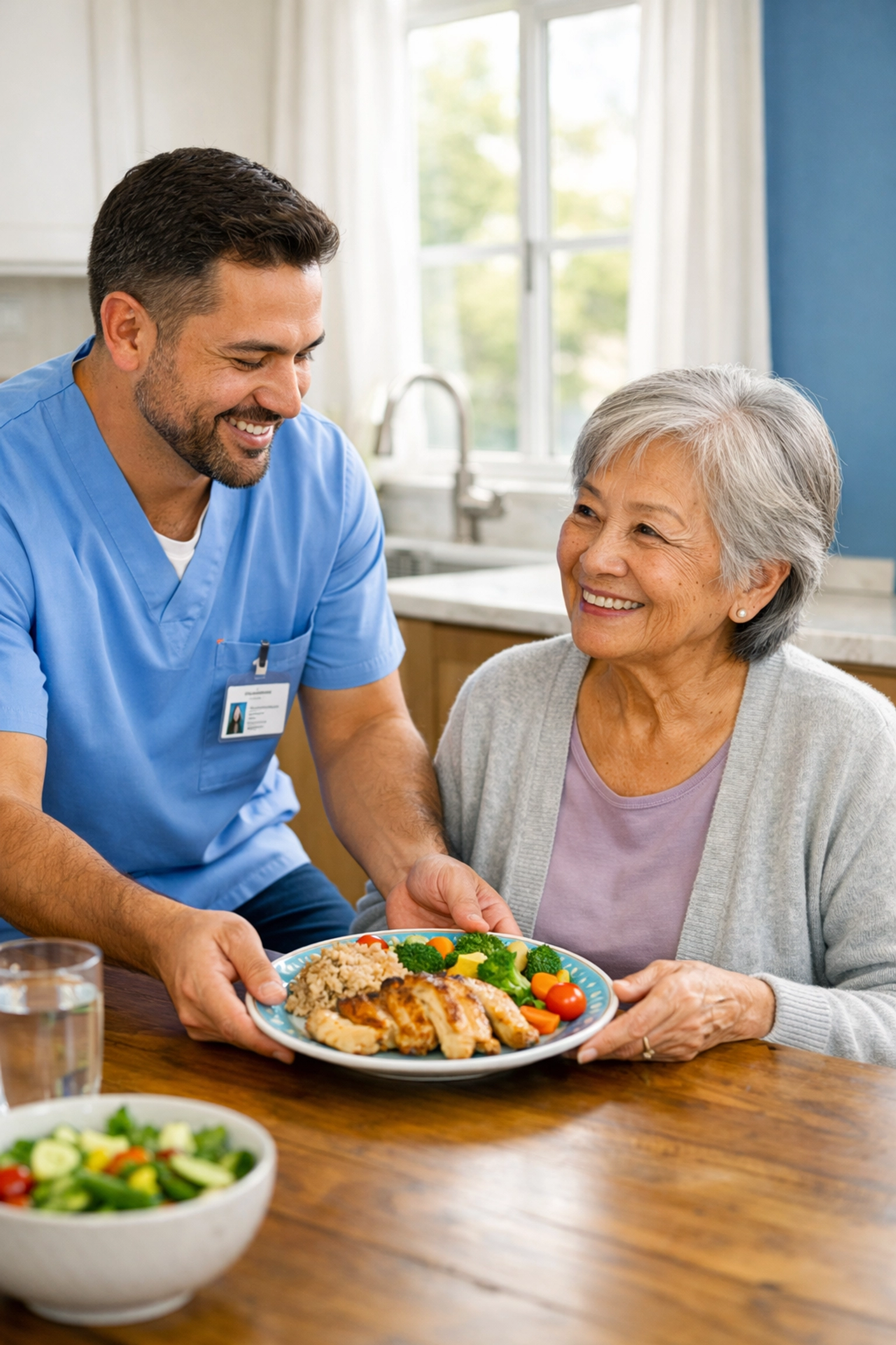 Home care aide preparing healthy meal for elderly client in kitchen