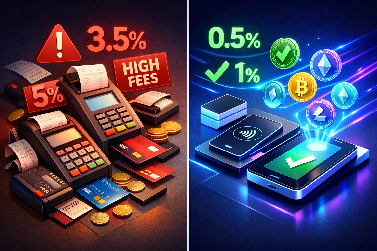 Comparison showing Larecoin's 50% lower payment processing fees versus traditional merchant payment systems
