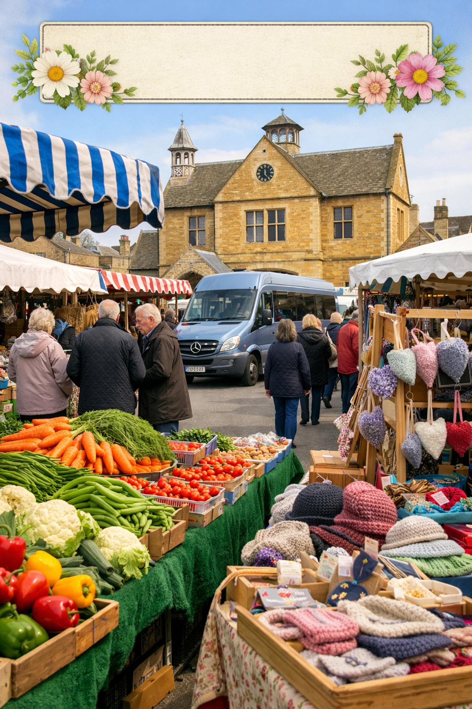 The bustling Moreton-in-Marsh Tuesday market featuring local stalls and the historic Redesdale Hall.