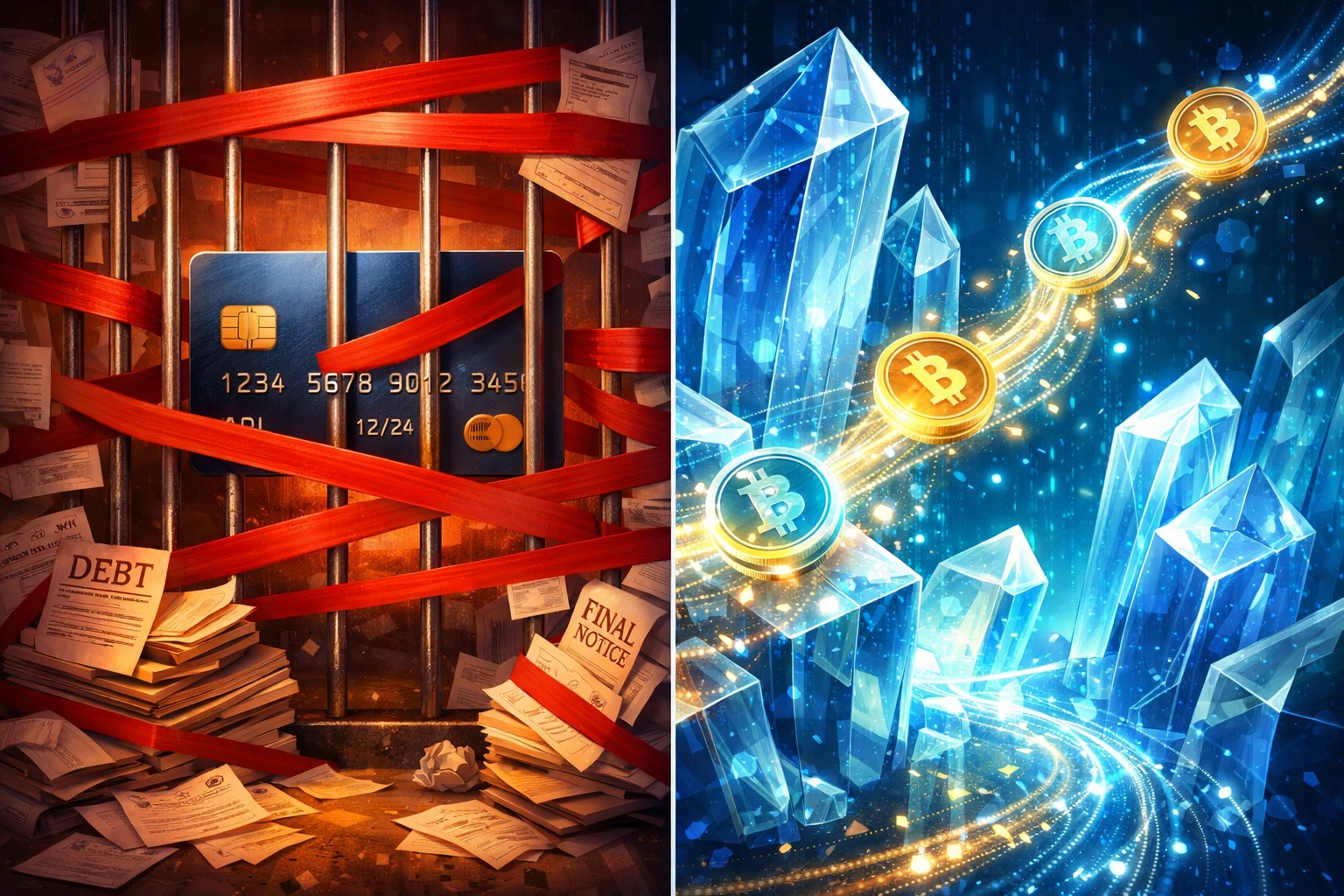 Blockchain transactions flowing freely compared to traditional credit card restrictions