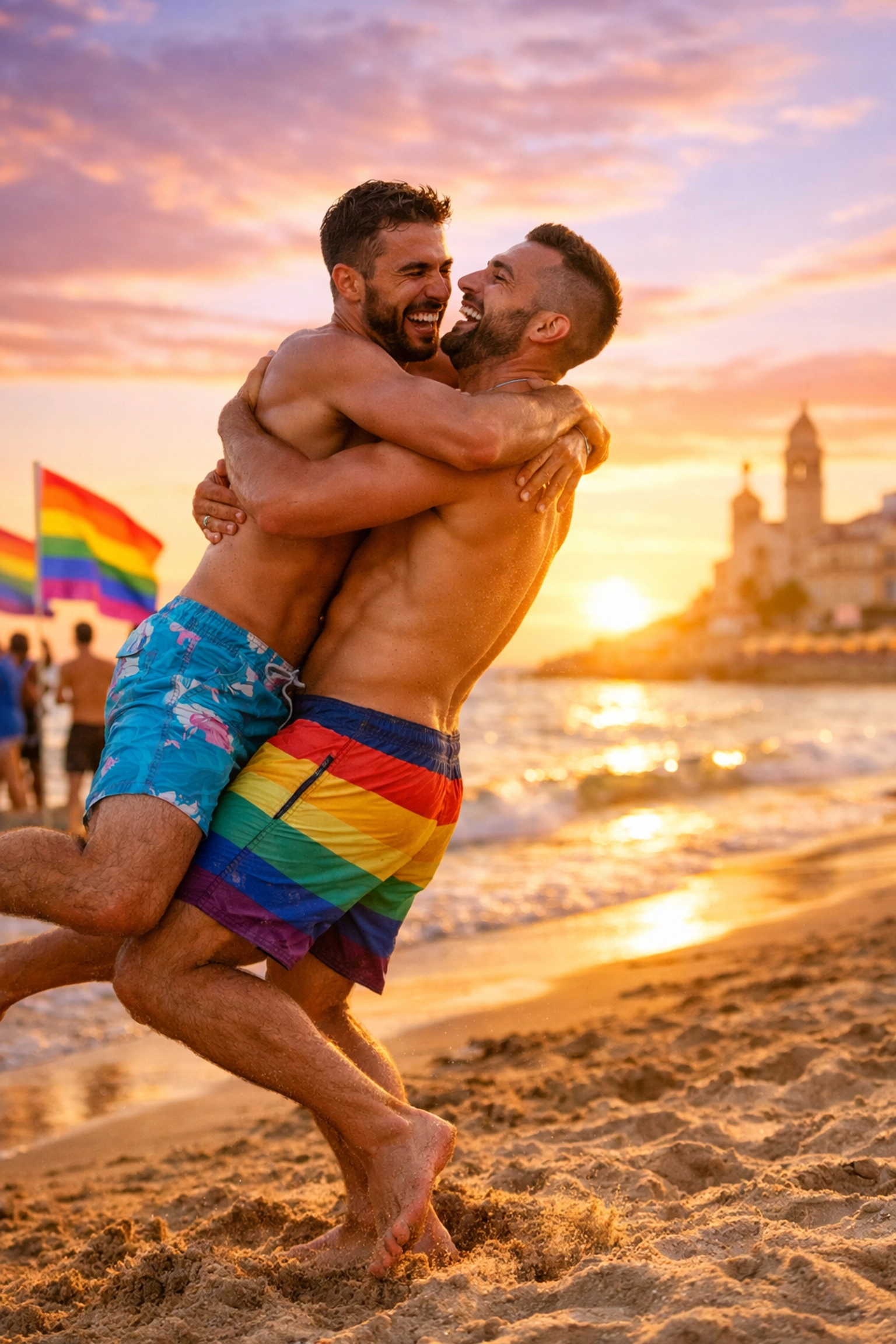 Gay couple celebrating on Sitges beach at sunset with rainbow flags after Spanish LGBTQ+ liberation