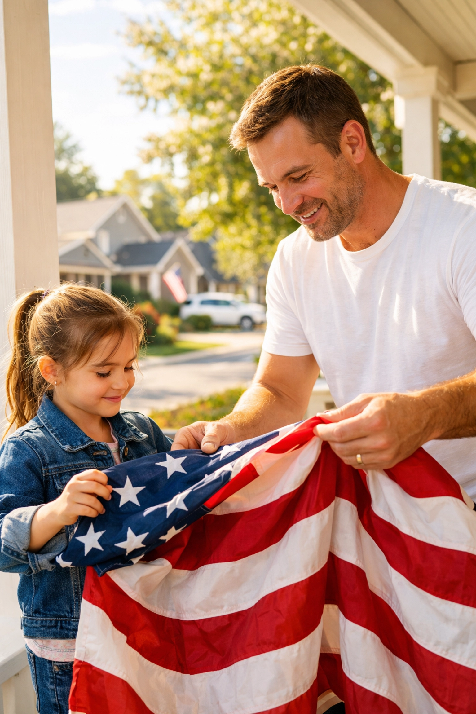 Father and daughter displaying an American flag, representing personal mentorship and community leadership.