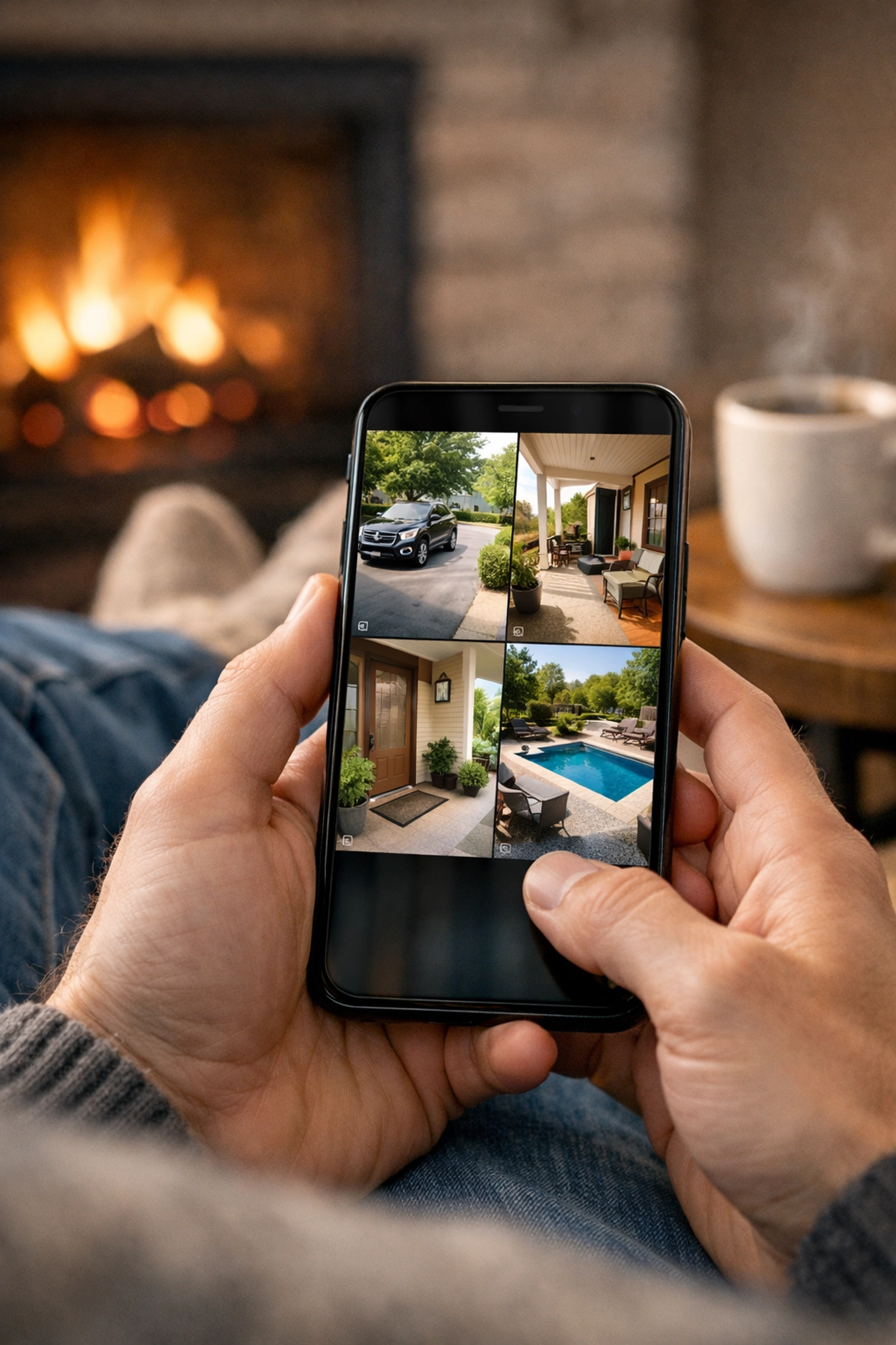 Smartphone app displaying high-definition live feeds from a home CCTV system for remote monitoring.