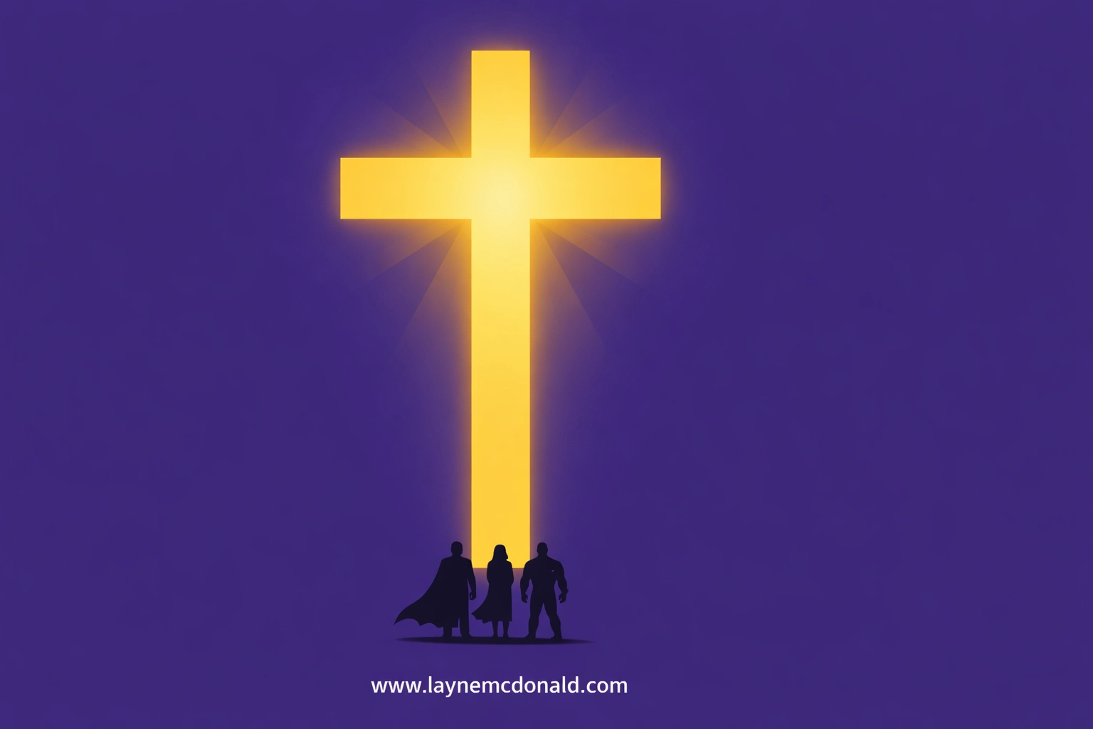 Silhouettes of superheroes looking up at a towering golden cross, highlighting Jesus as the ultimate Savior.